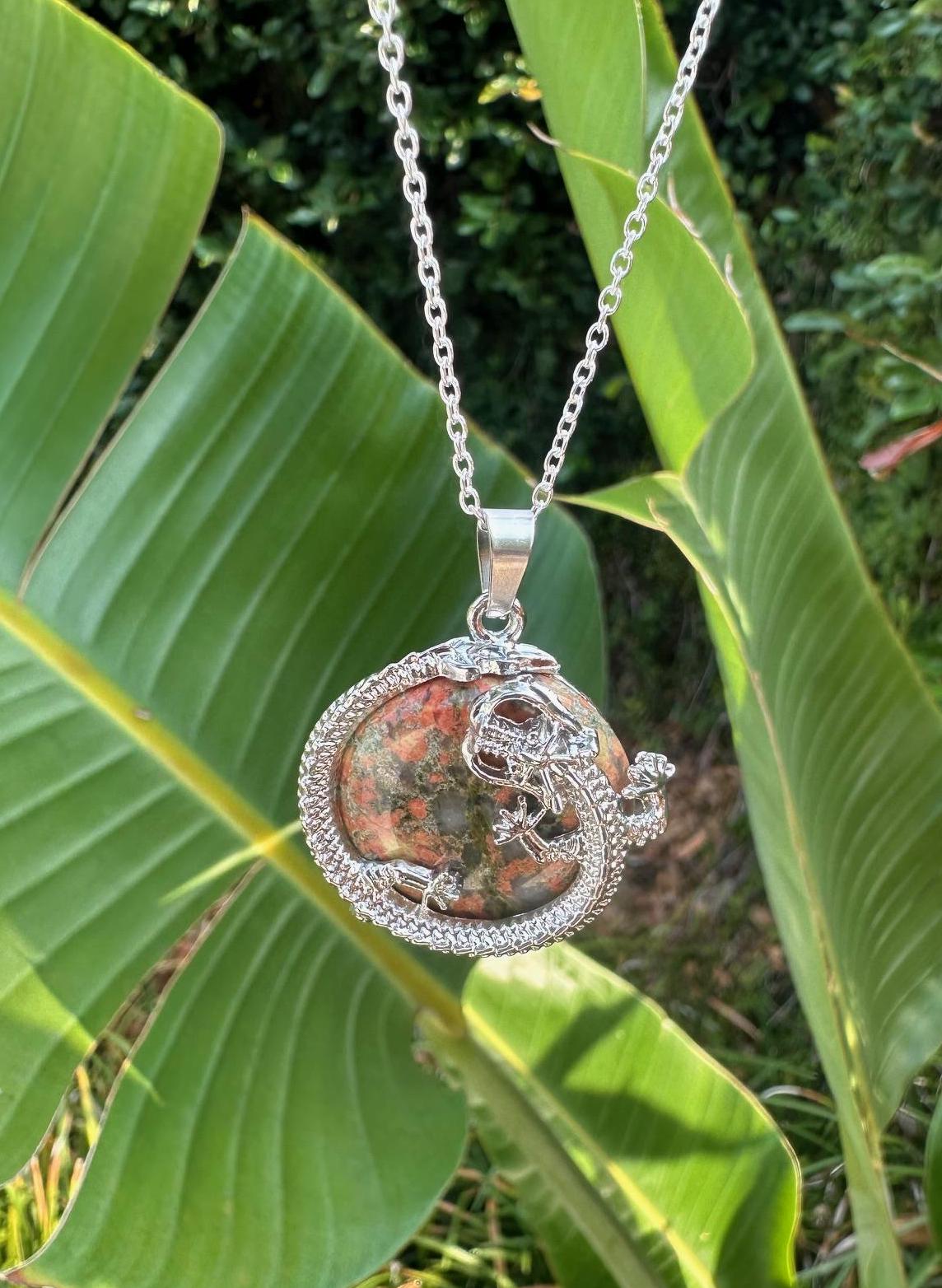 Orange Unakite Dragon Flat Pendant Necklace