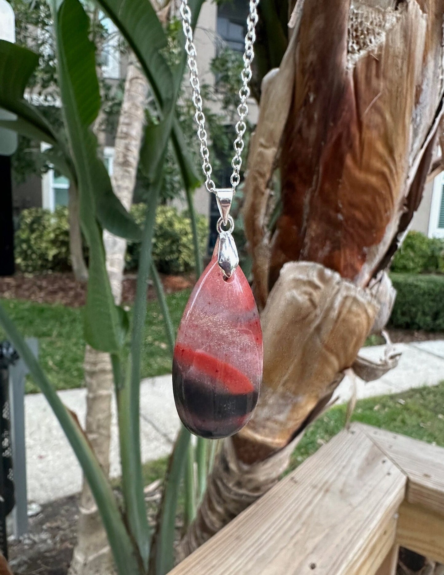 African Bloodstone Teardrop Pendant Necklace