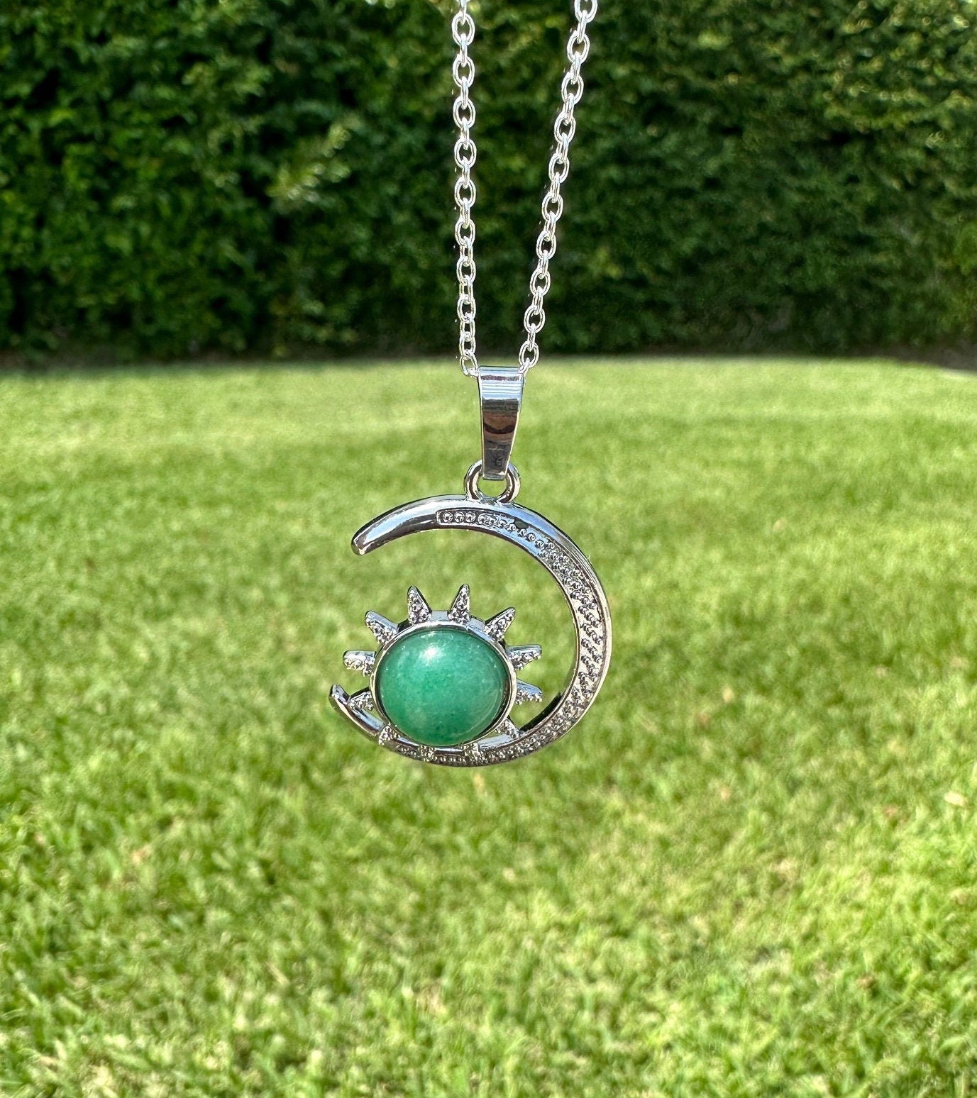 Green Aventurine Crescent Sun Pendant Necklace