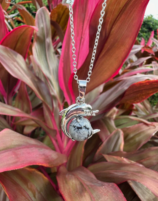 Snowflake Obsidian Dolphin Pendant Necklace