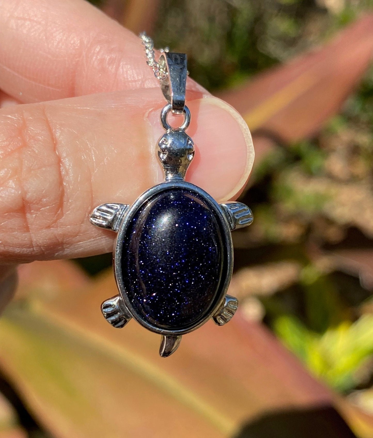 Blue Goldstone Turtle Pendant Necklace