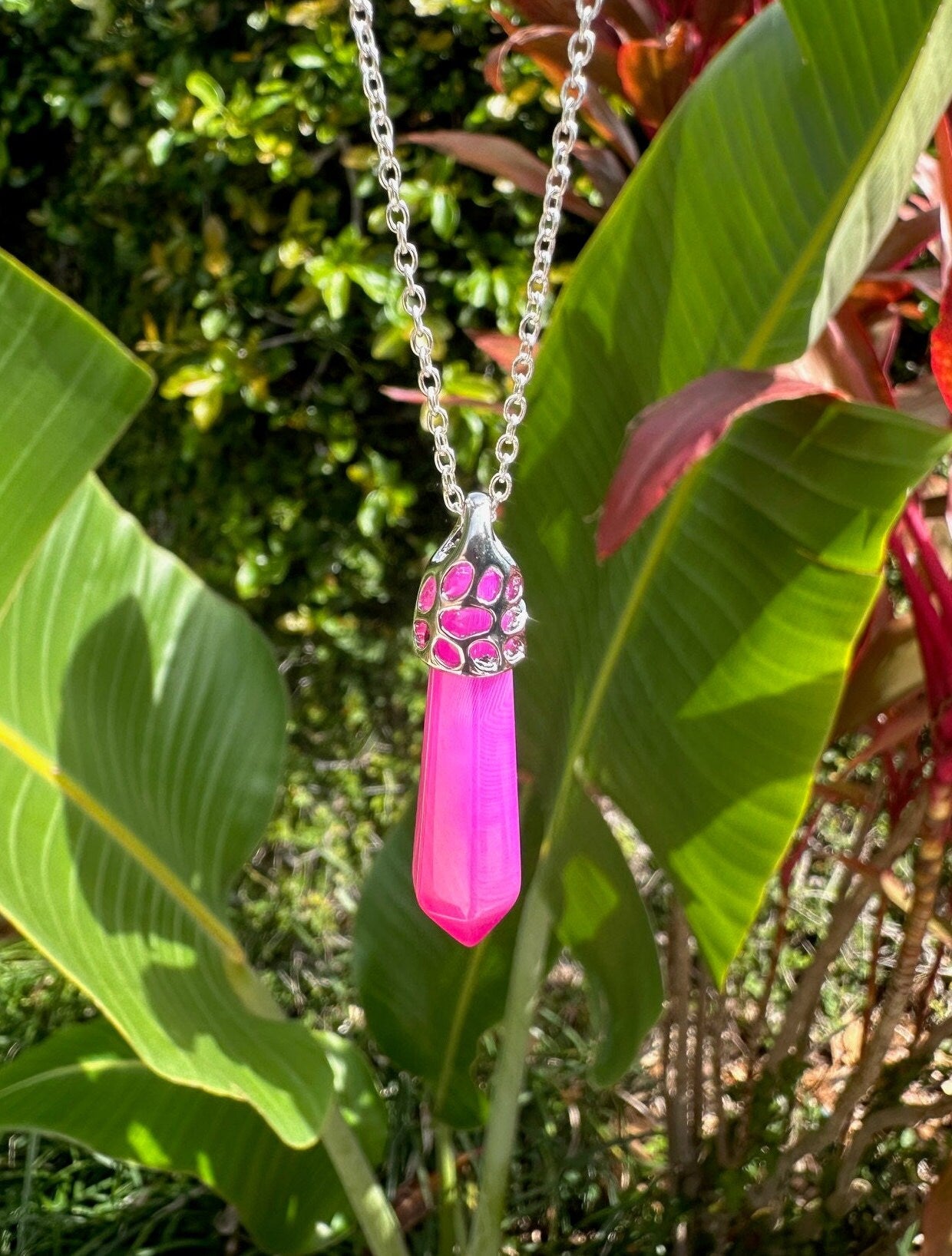 Pink Stripe Agate Thin Hexagon Pendant Necklace