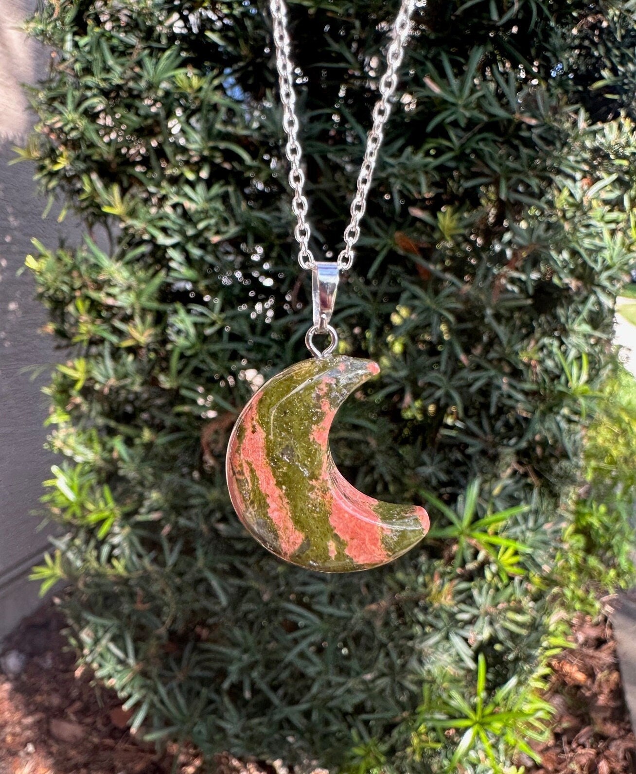 Unakite Crescent Pendant Necklace