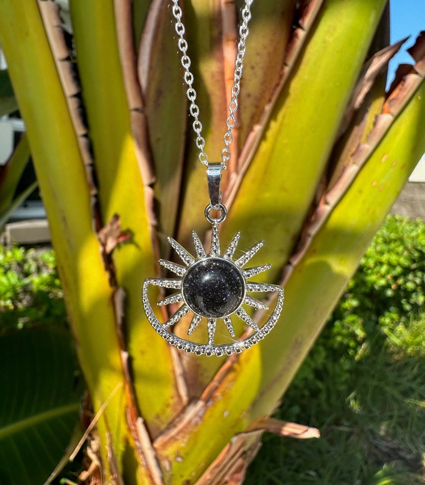 Blue Goldstone Sun Moon Pendant Necklace
