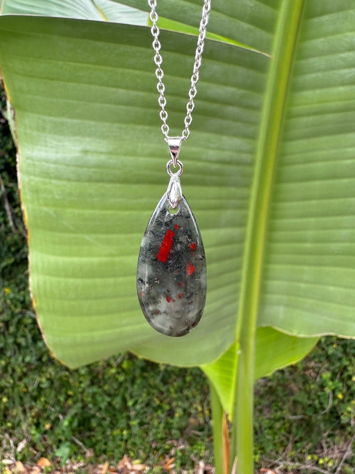 African Bloodstone Teardrop Pendant Necklace