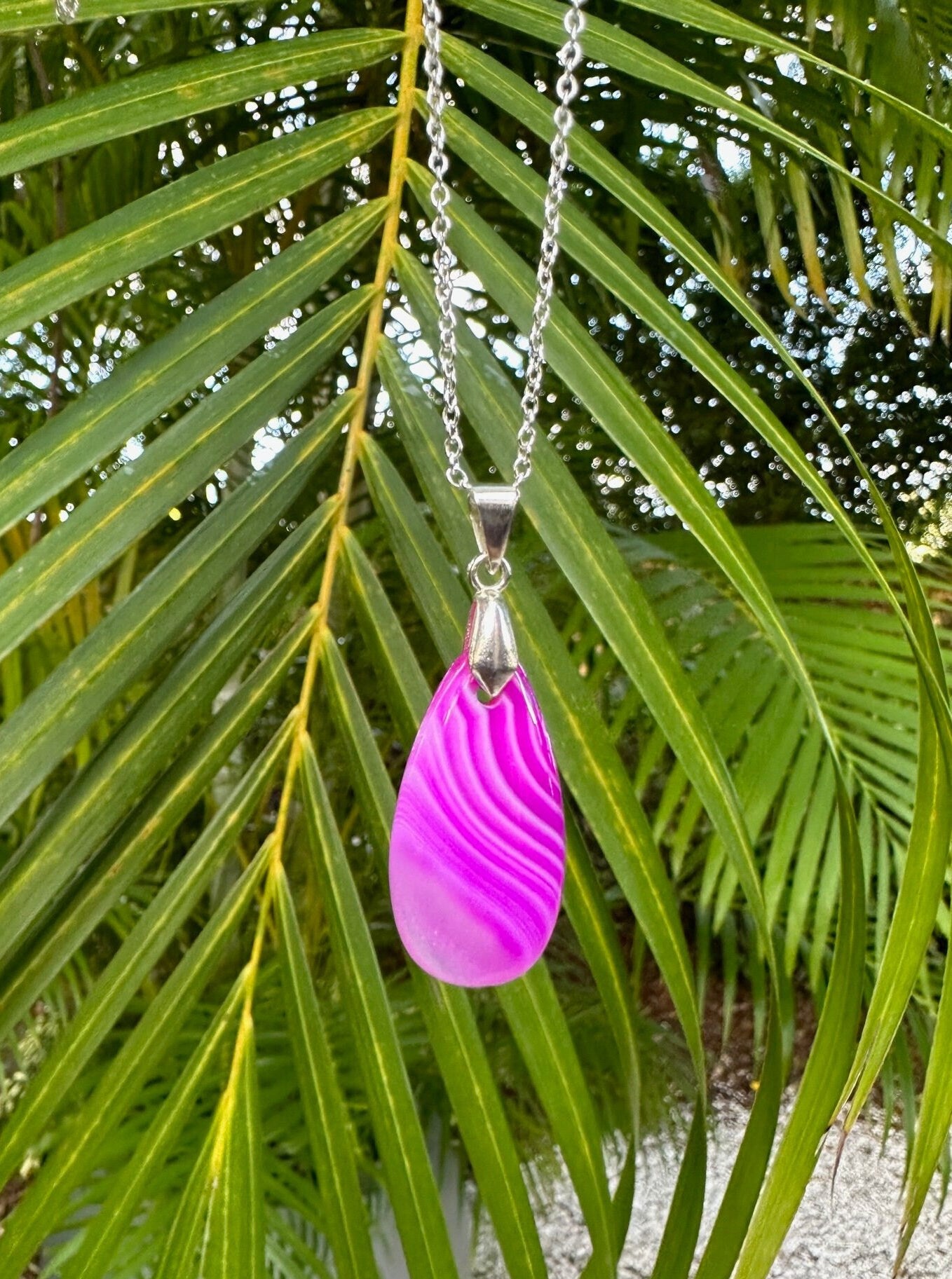 Pink Stripe Agate Teardrop Pendant Necklace