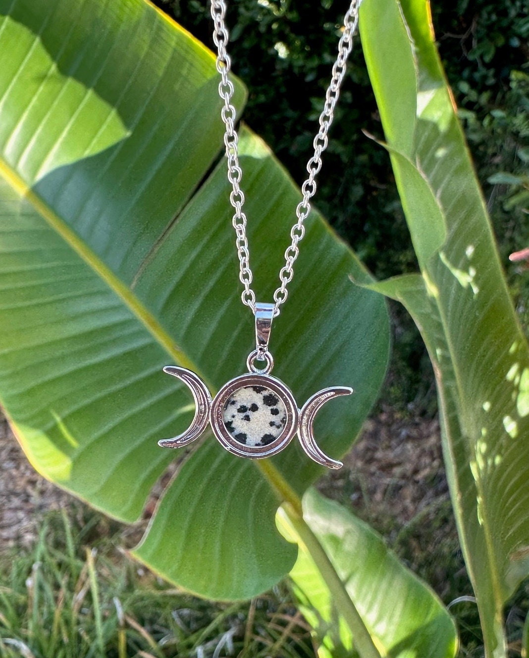 Dalmatian Jasper Celestial 2 Moon Pendant Necklace