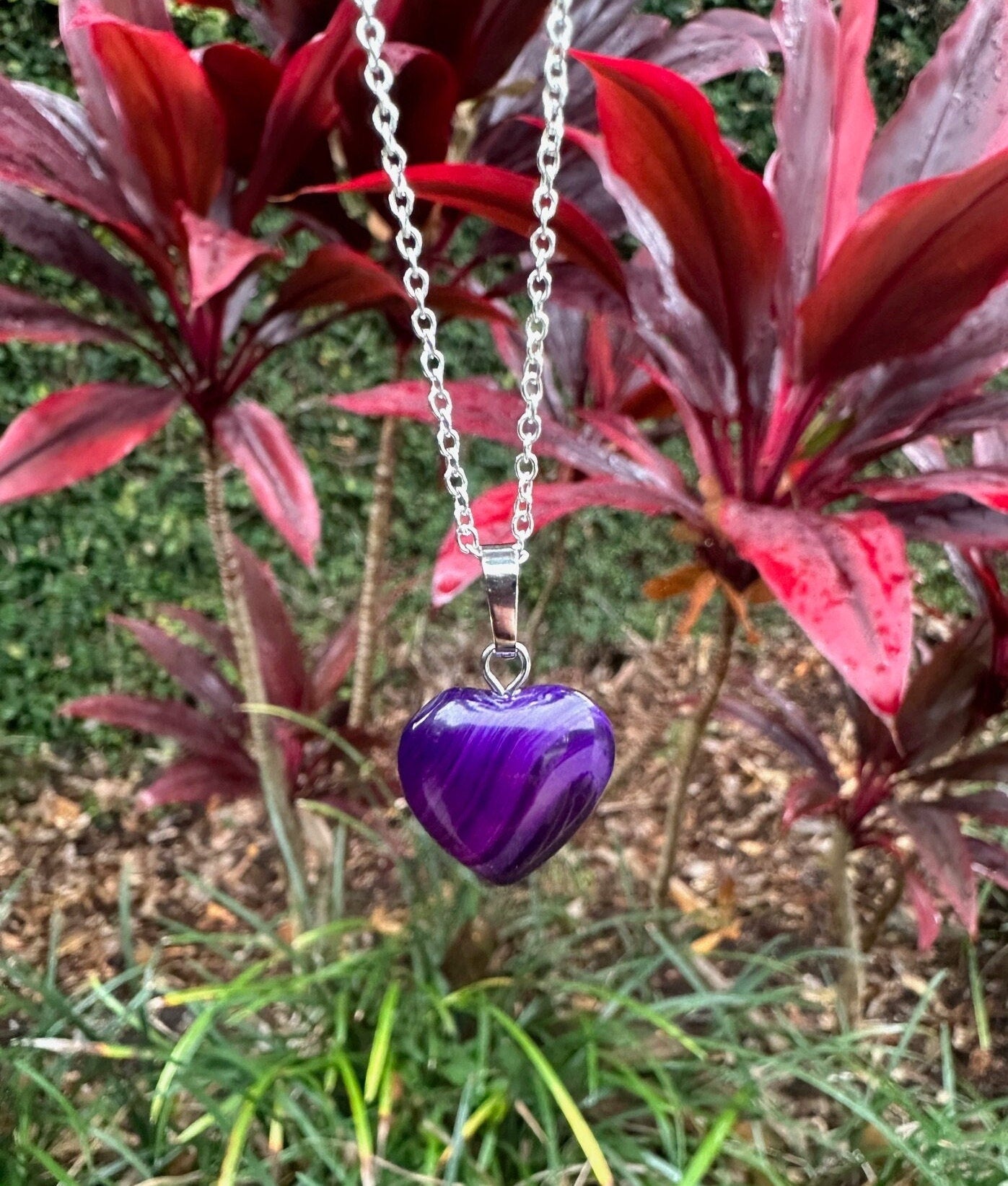 Purple Agate Heart Pendant Necklace