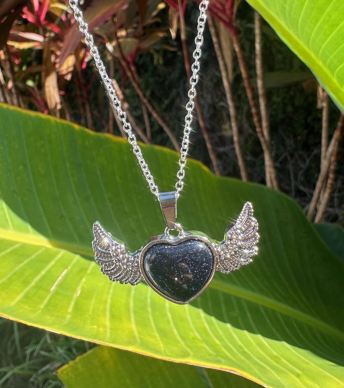 Blue Goldstone Wings Pendant Necklace