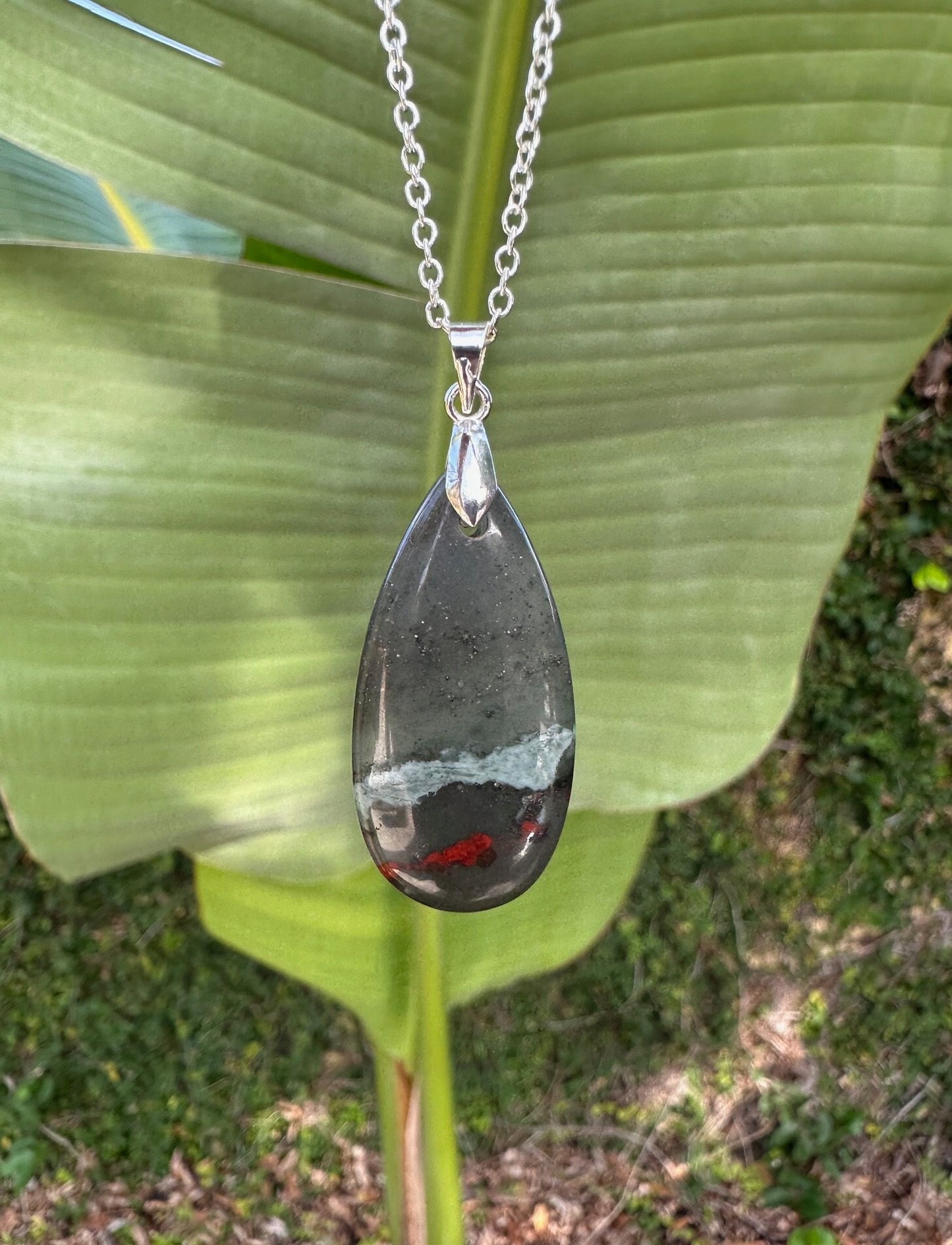 African Bloodstone Teardrop Pendant Necklace