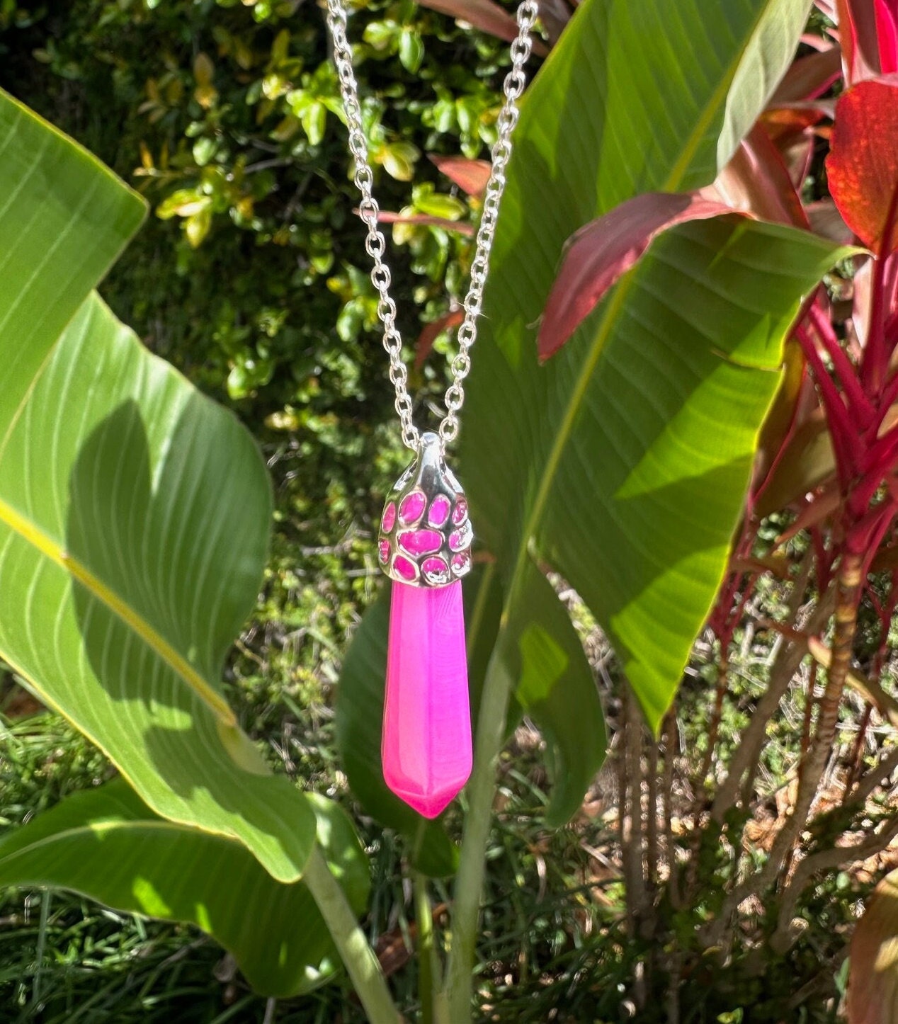 Pink Stripe Agate Thin Hexagon Pendant Necklace