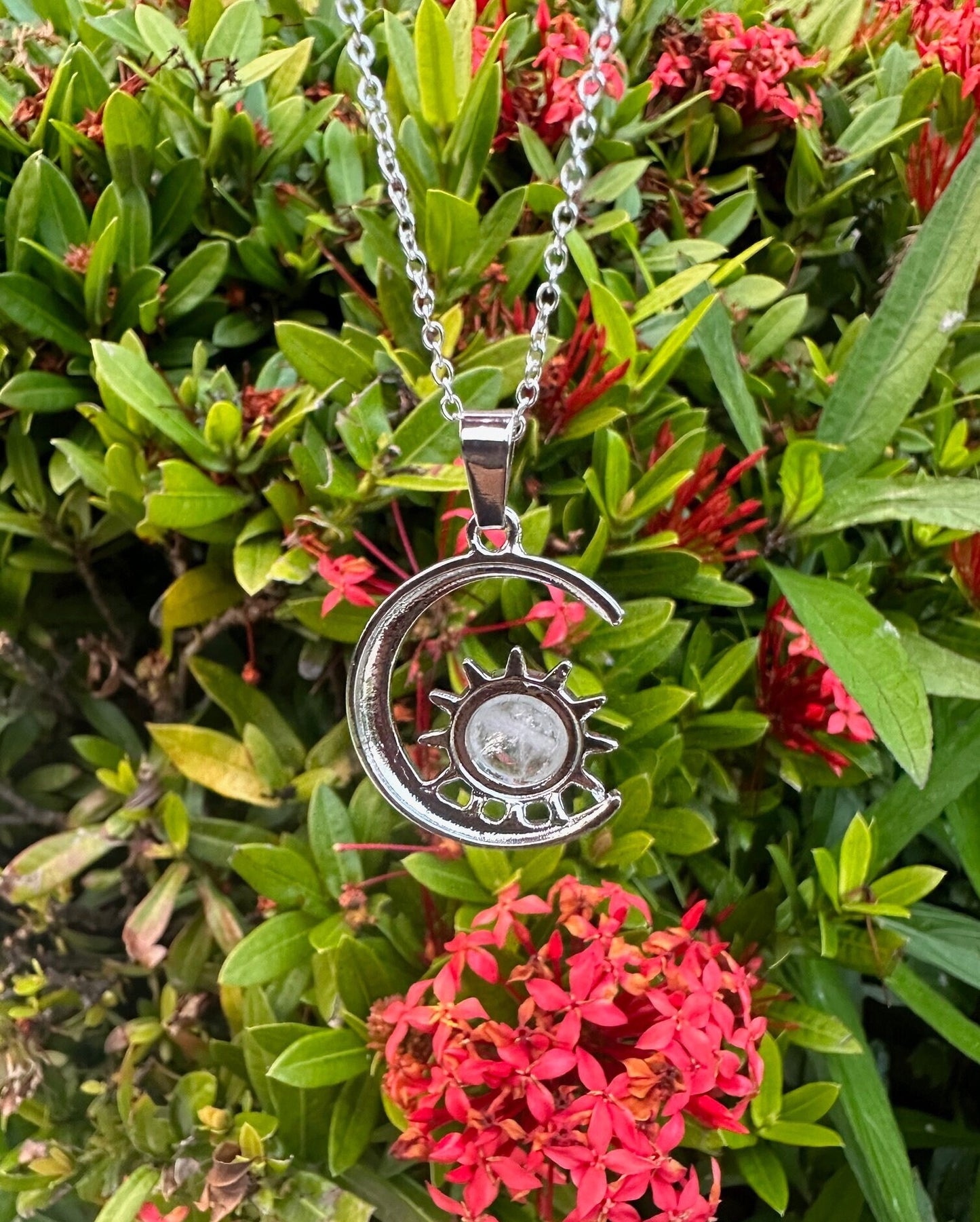Clear Quartz Crescent Sun Pendant Necklace