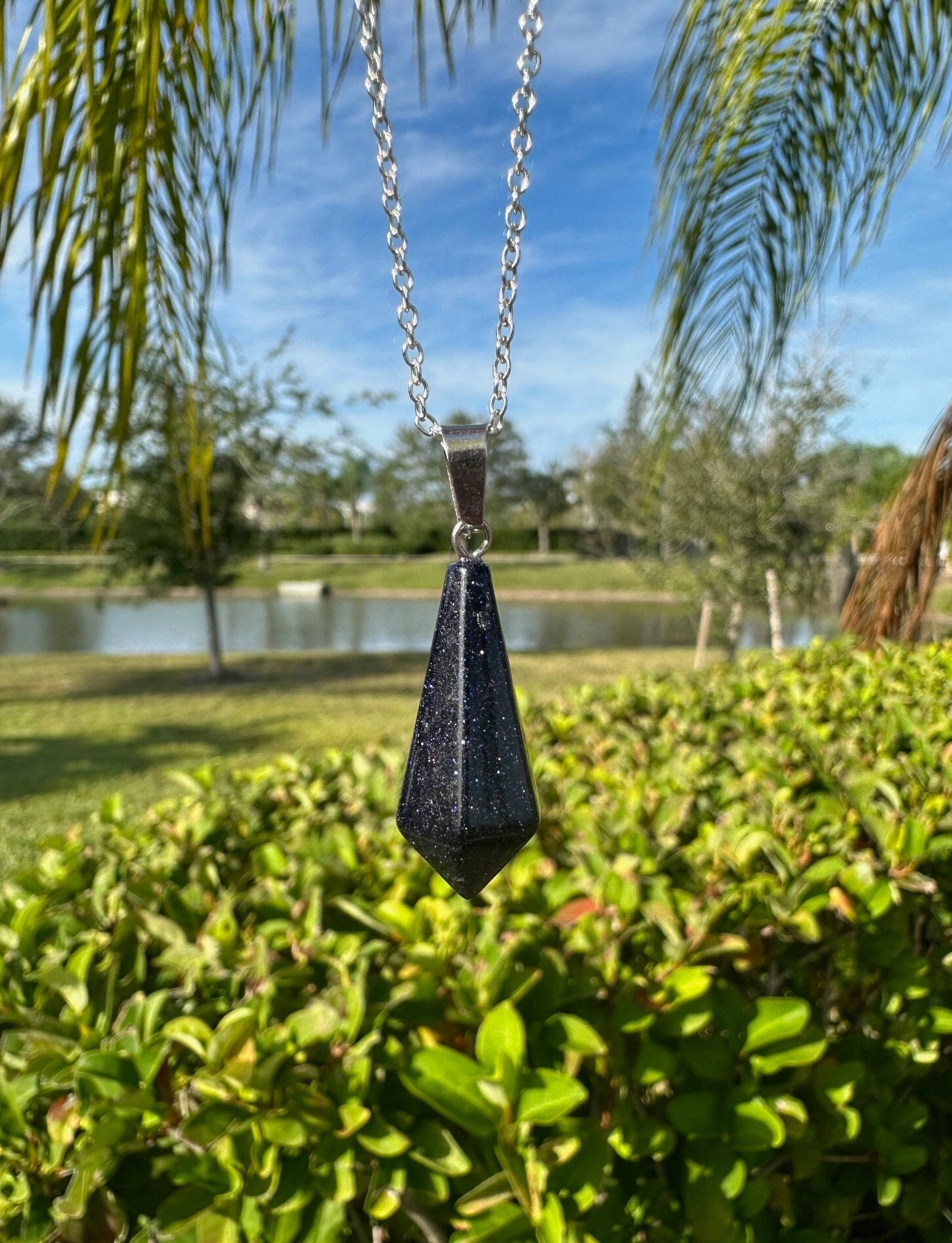 Blue Goldstone Hexagon Pendant Necklace
