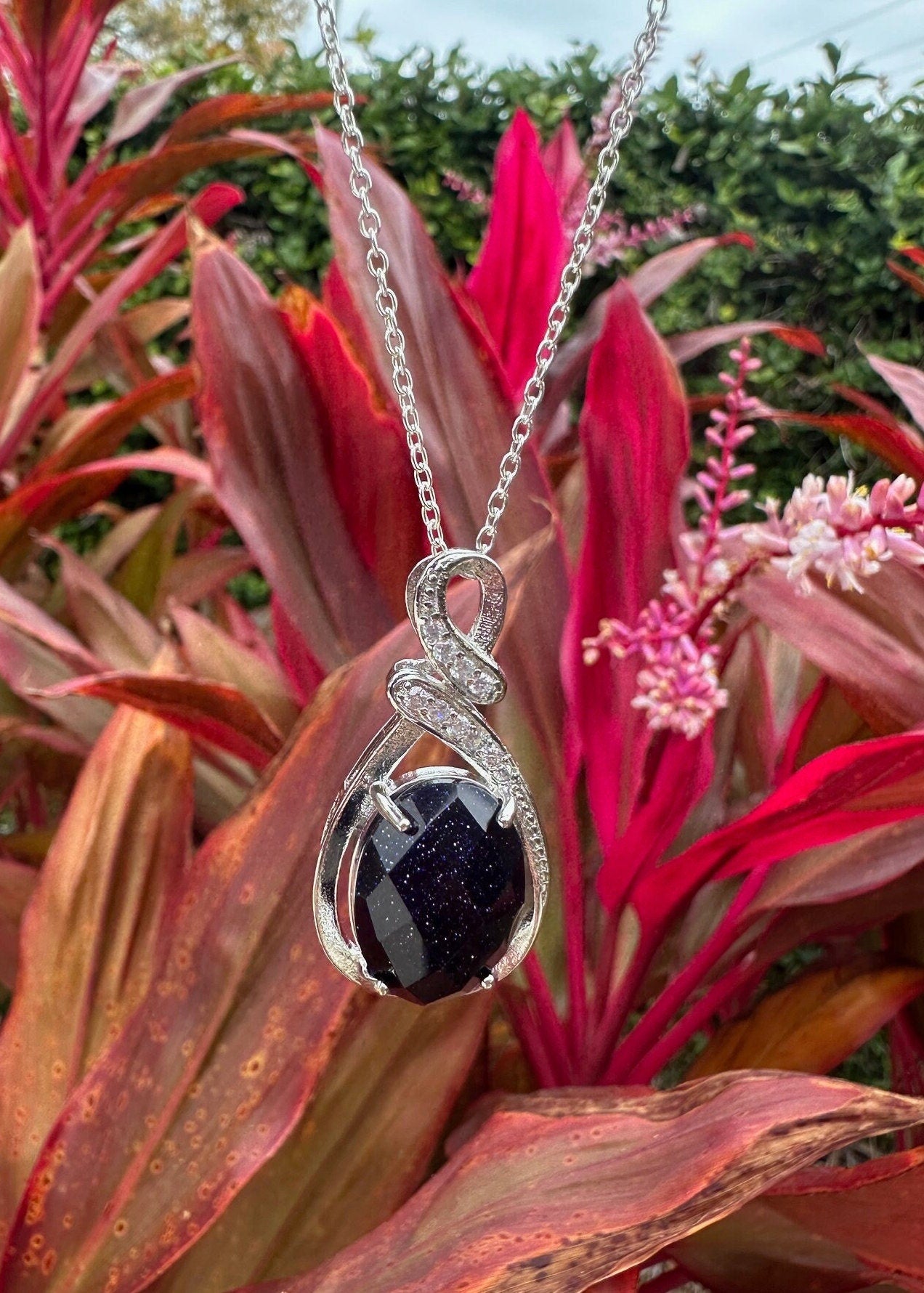 Blue Goldstone Swirl Pendant Necklace