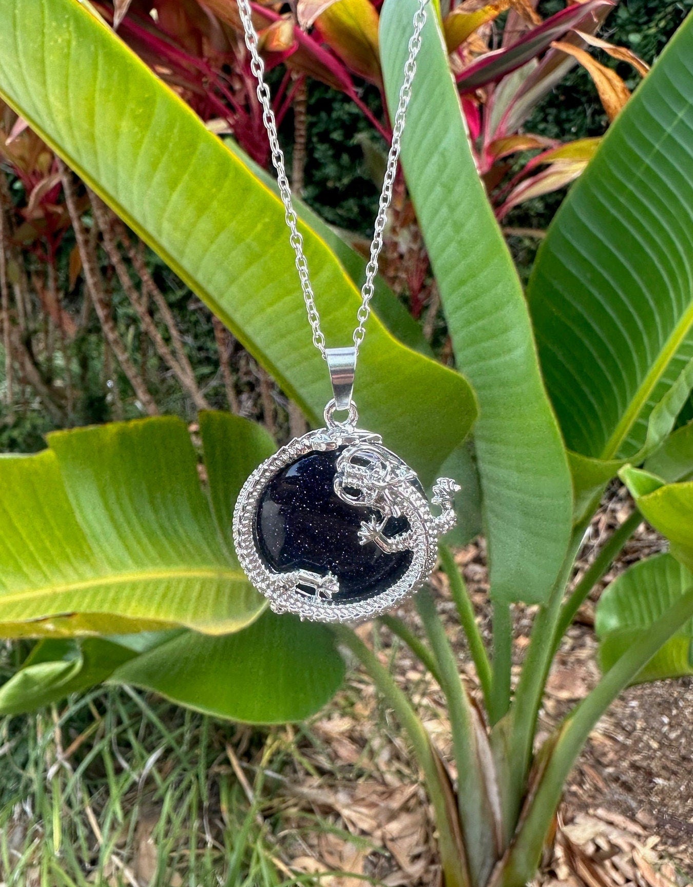 Blue Goldstone Dragon Flat Pendant Necklace