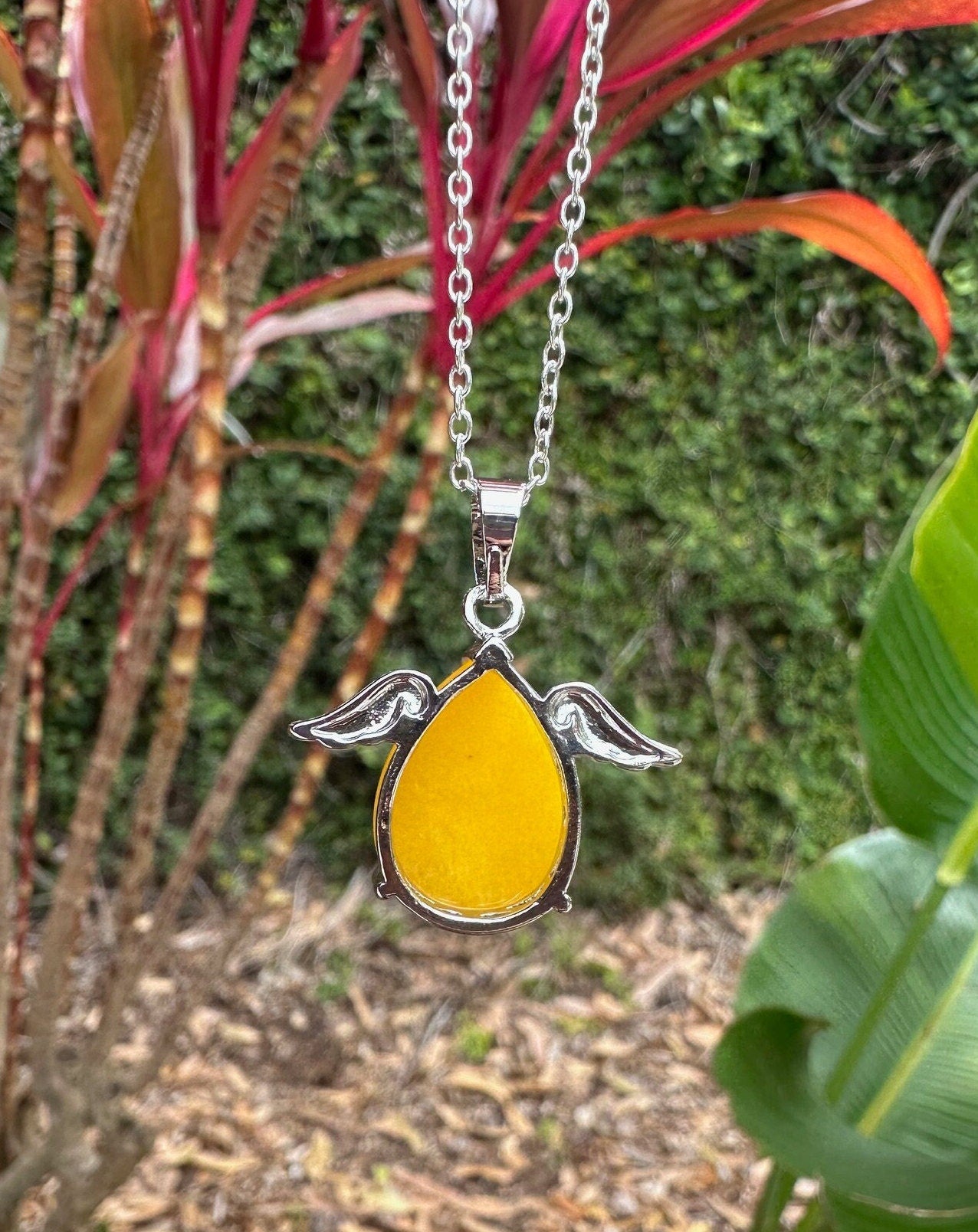 Dyed Yellow Jade Angelic Egg Pendant Necklace