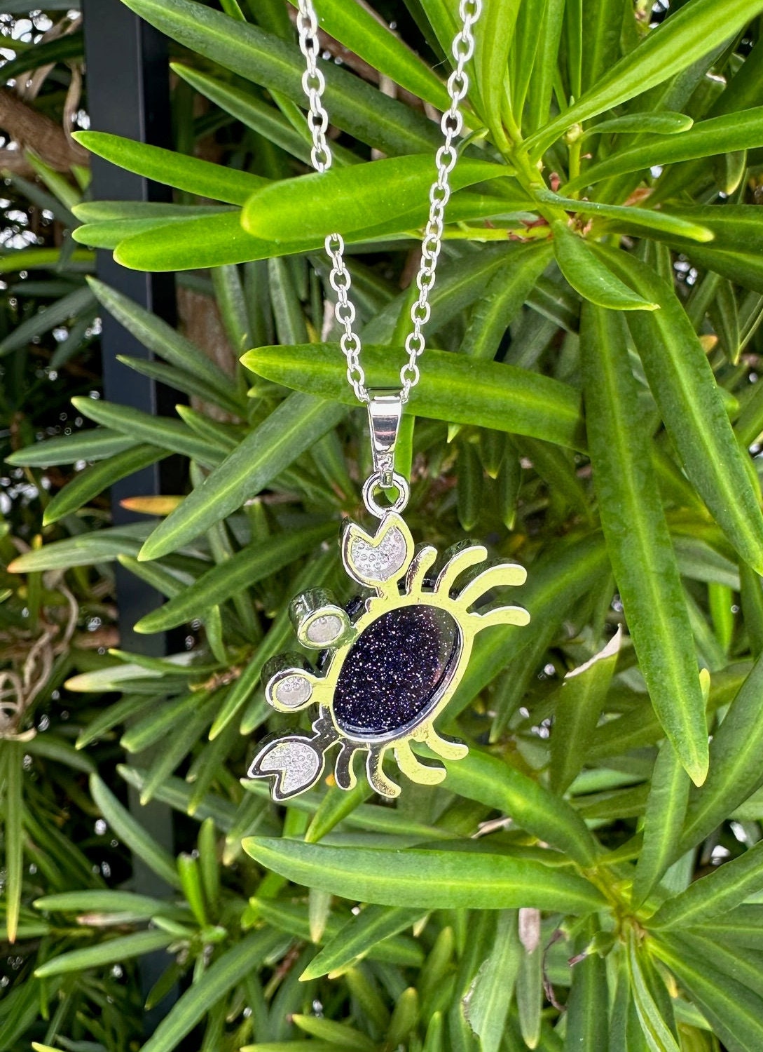 Blue Goldstone Crab Pendant Necklace