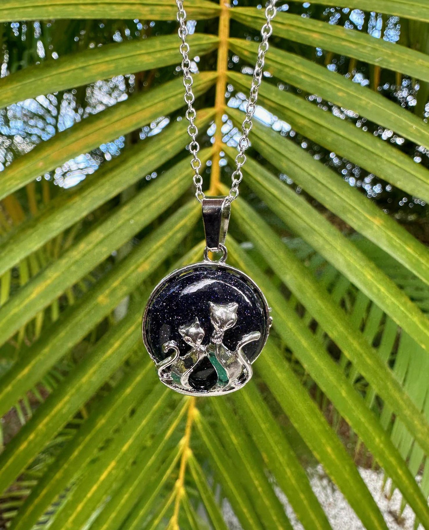 Blue Goldstone Cat Love Pendant Necklace