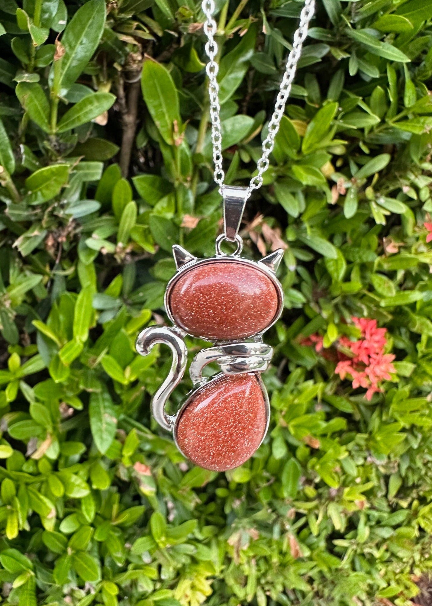 Large Goldstone Cat Pendant Necklace