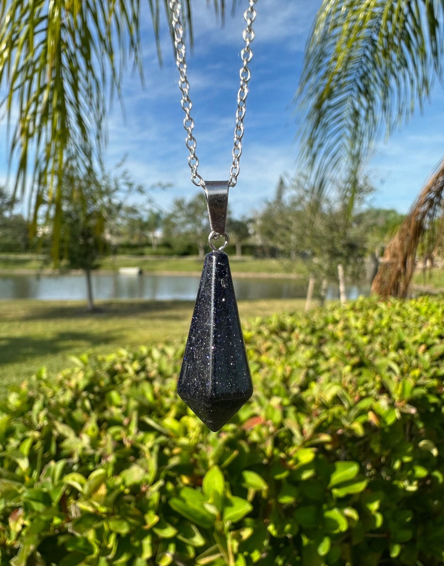Blue Goldstone Hexagon Pendant Necklace