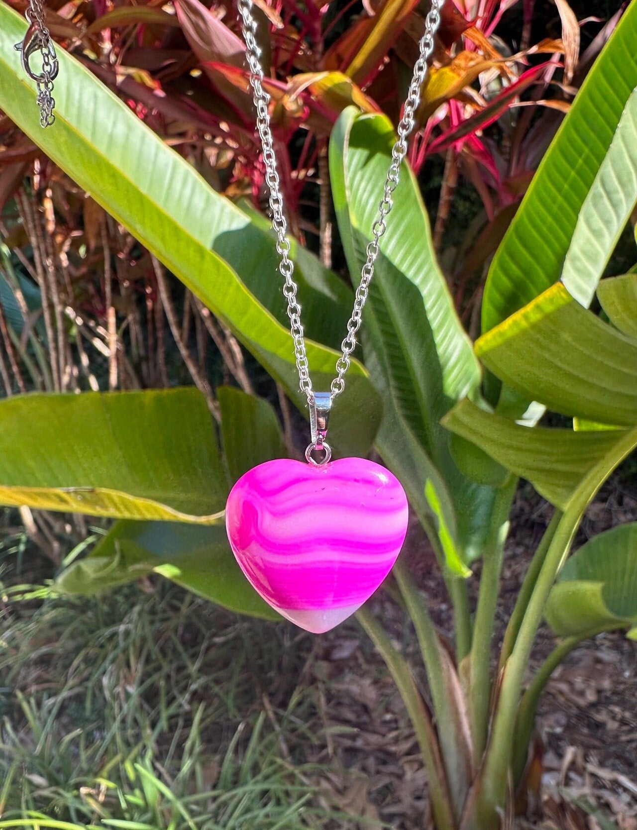 Pink Stripe Agate Heart Pendant Necklace