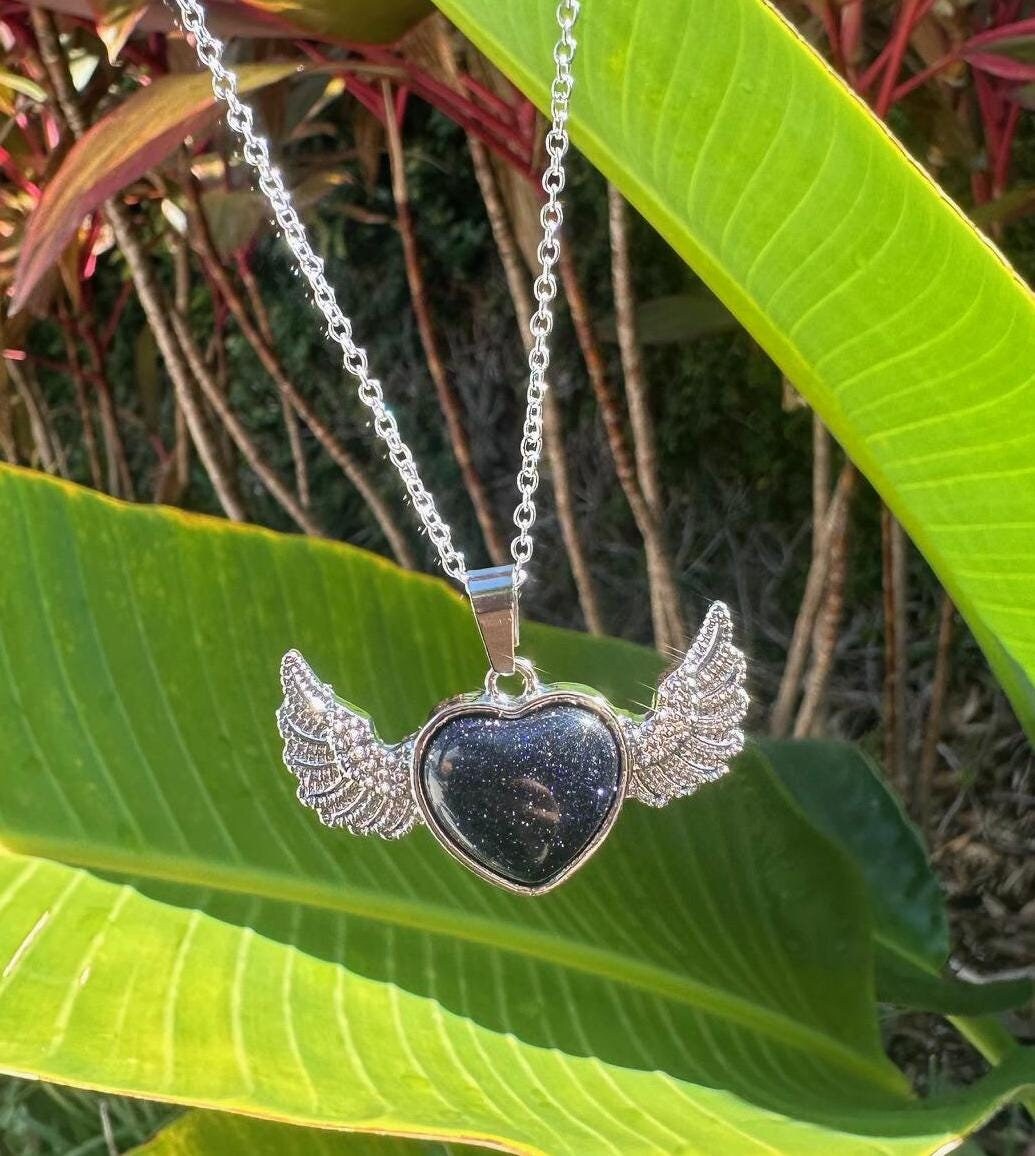 Blue Goldstone Wings Pendant Necklace