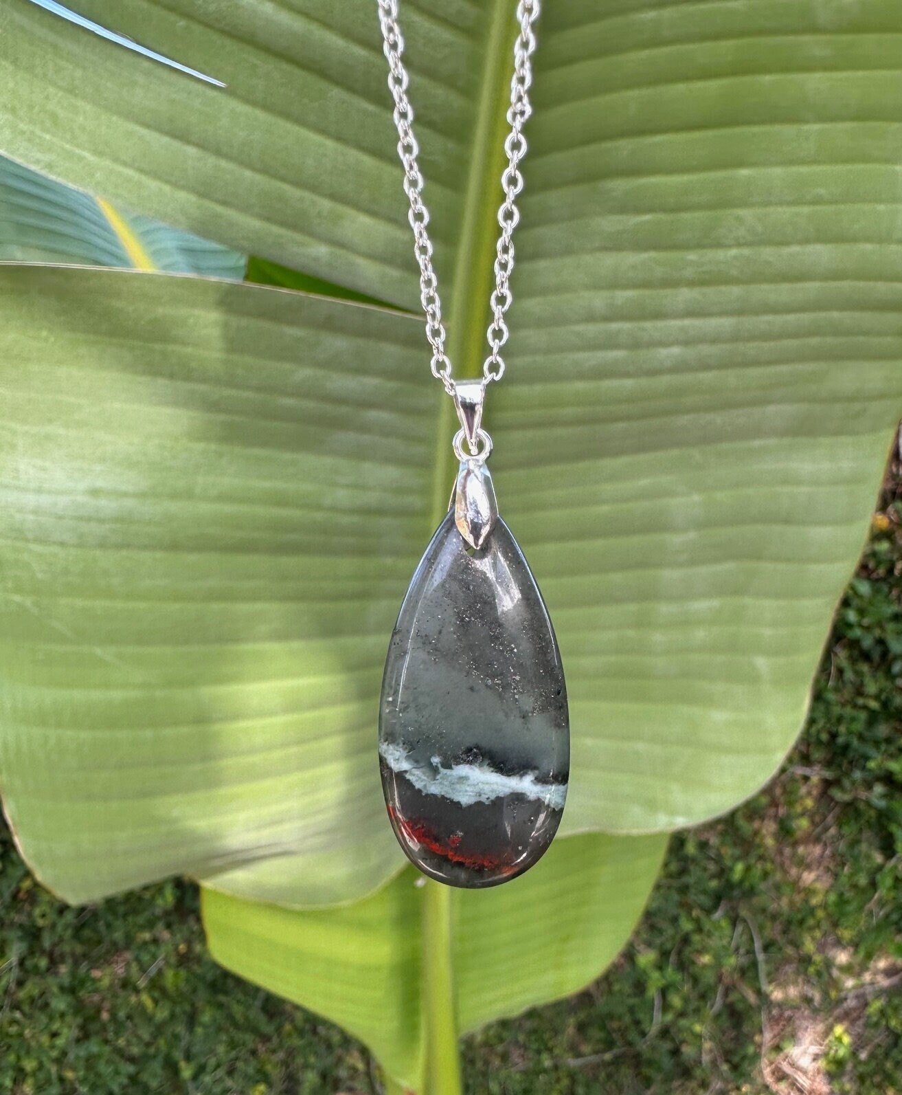 African Bloodstone Teardrop Pendant Necklace