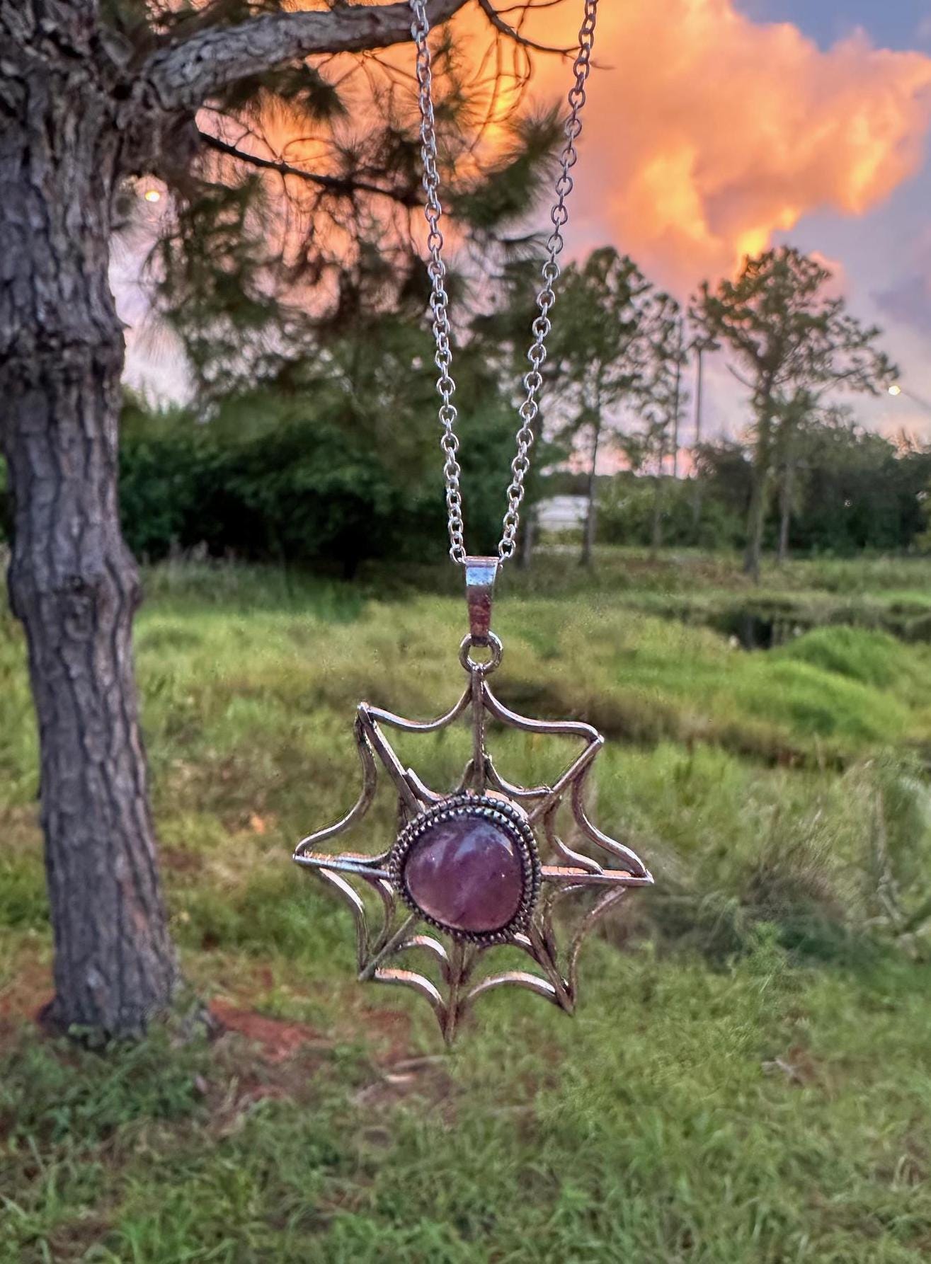 Amethyst Spider Web Pendant Necklace