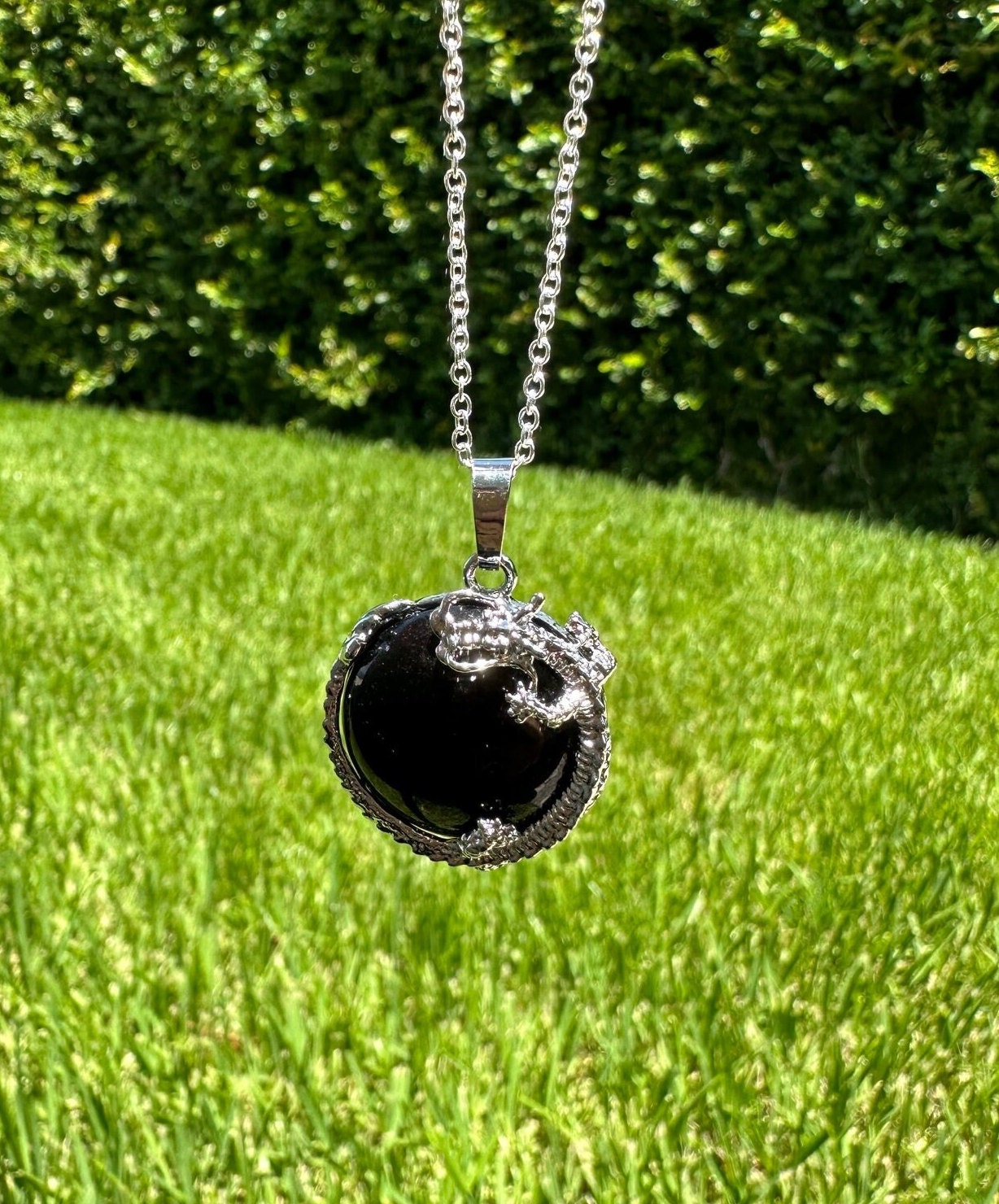 Obsidian Dragon Flat Pendant Necklace
