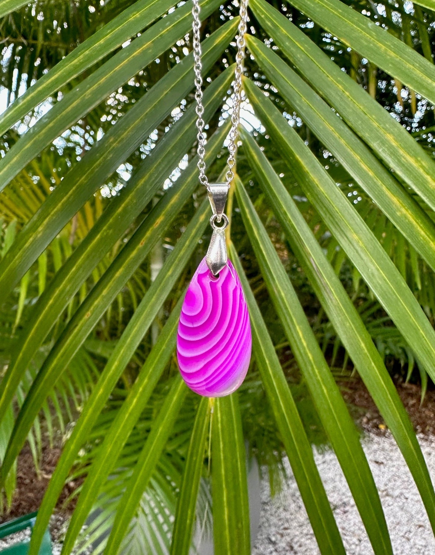 Pink Stripe Agate Teardrop Pendant Necklace