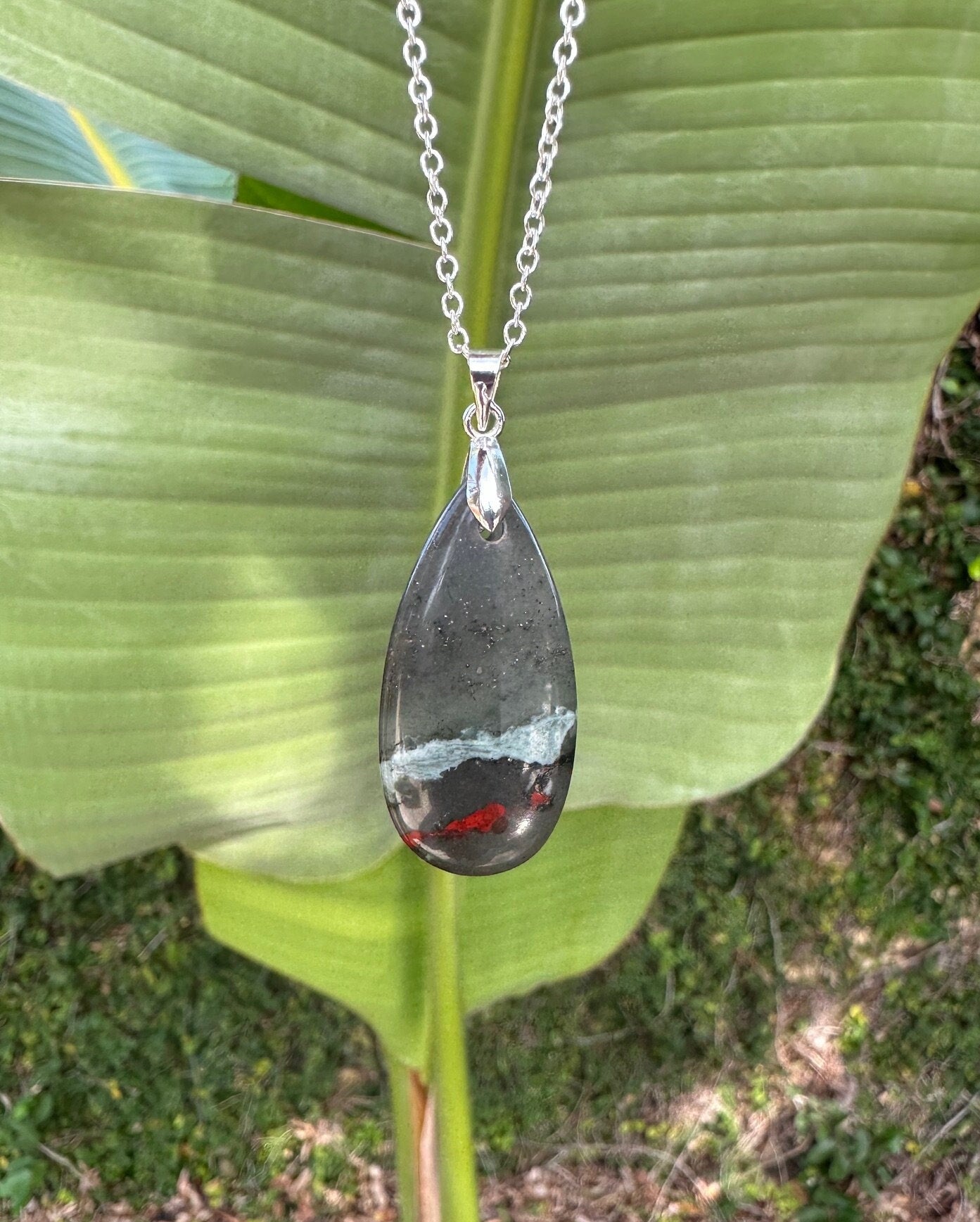 African Bloodstone Teardrop Pendant Necklace