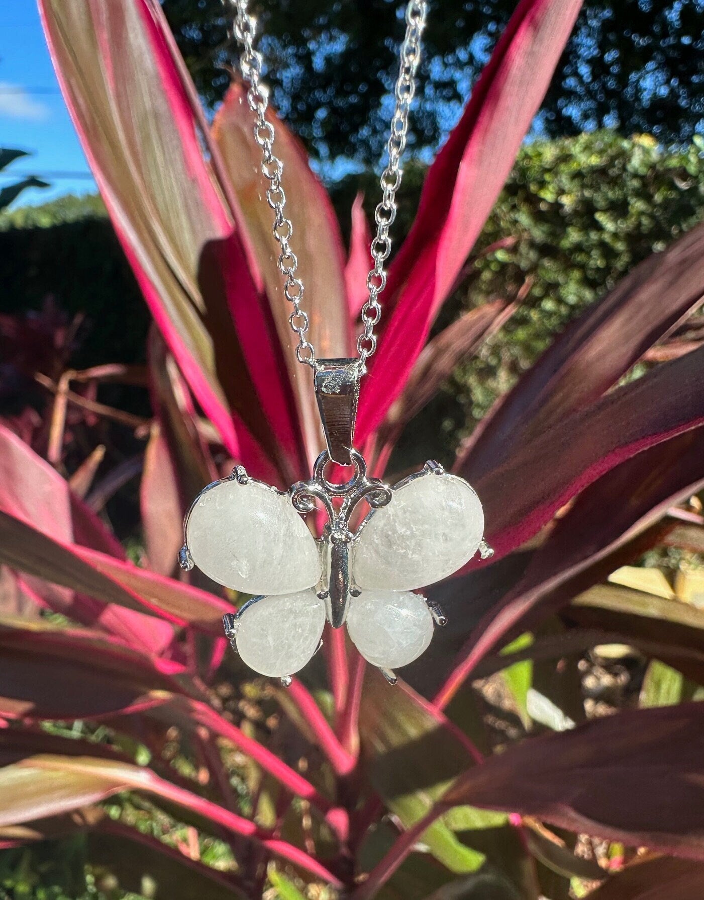 Rock Quartz Butterfly Pendant Necklace
