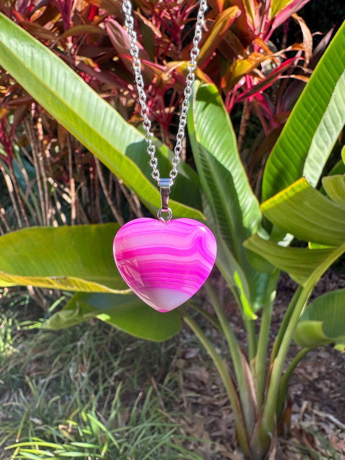 Pink Stripe Agate Heart Pendant Necklace