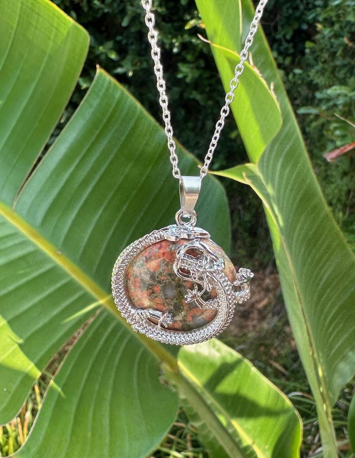 Orange Unakite Dragon Flat Pendant Necklace