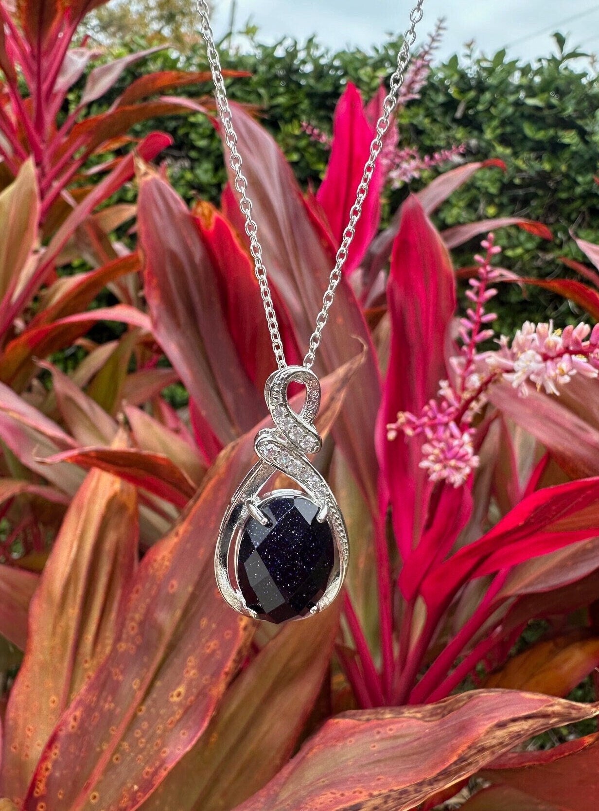Blue Goldstone Swirl Pendant Necklace