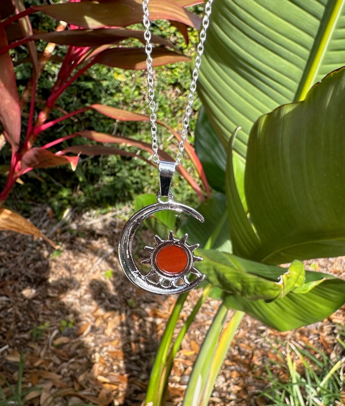 Red Jasper Crescent Sun Pendant Necklace