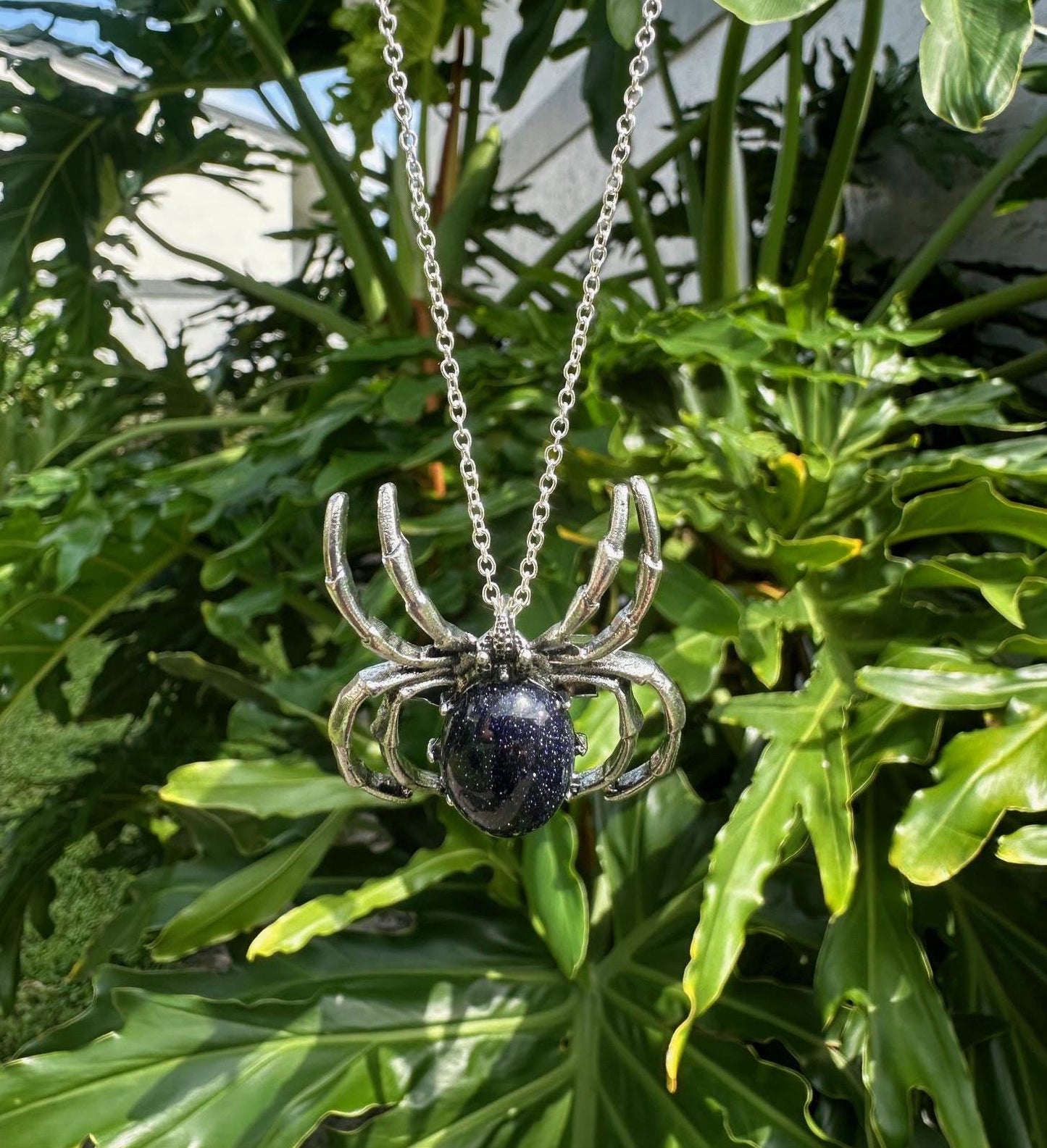 Blue Goldstone Spider Brooch Necklace