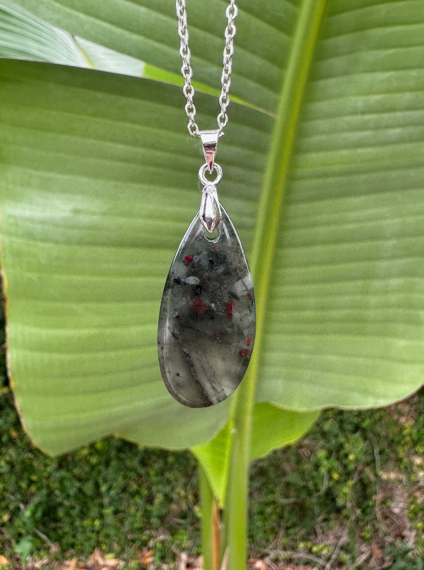 African Bloodstone Teardrop Pendant Necklace