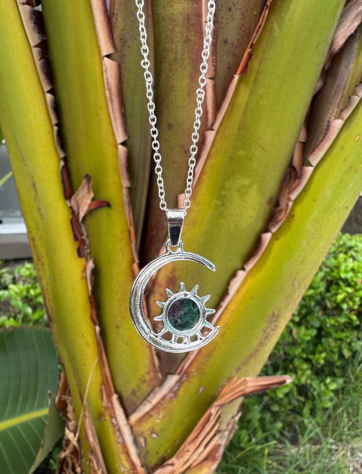 Ruby Zoisite Crescent Sun Pendant Necklace