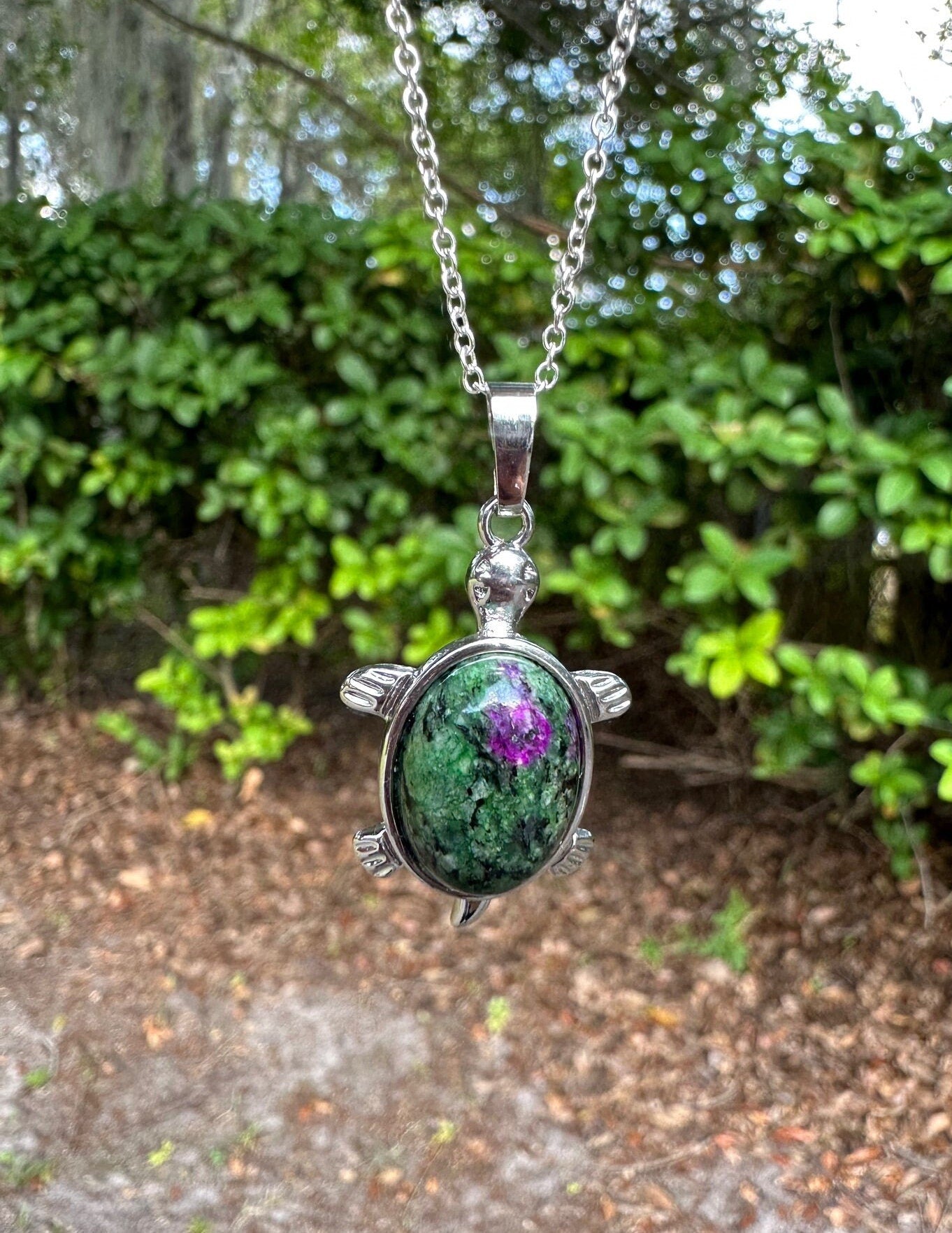 Ruby Zoisite Turtle Pendant Necklace