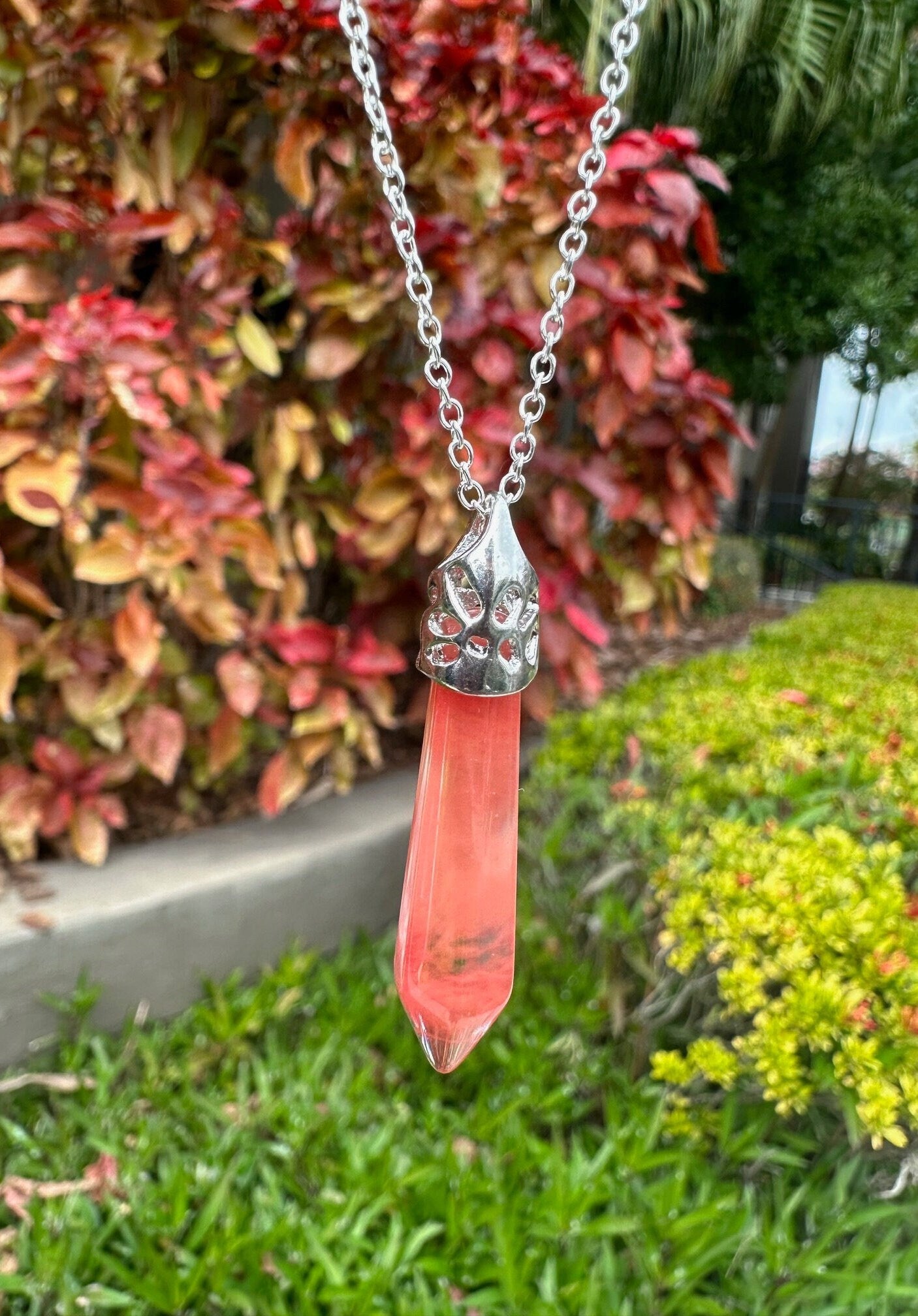 Cherry Quartz Thin Hexagon Pendant Necklace