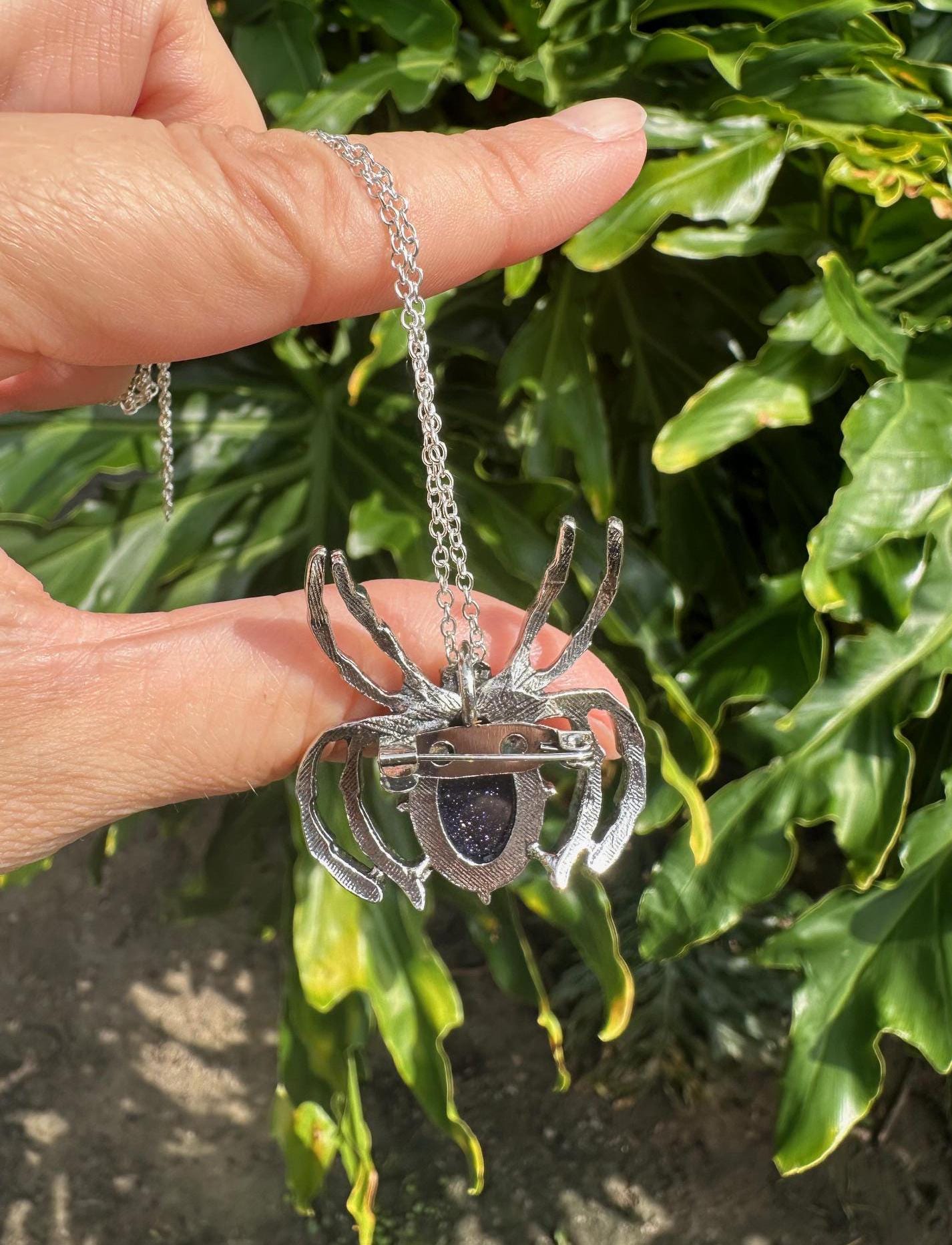 Blue Goldstone Spider Brooch Necklace