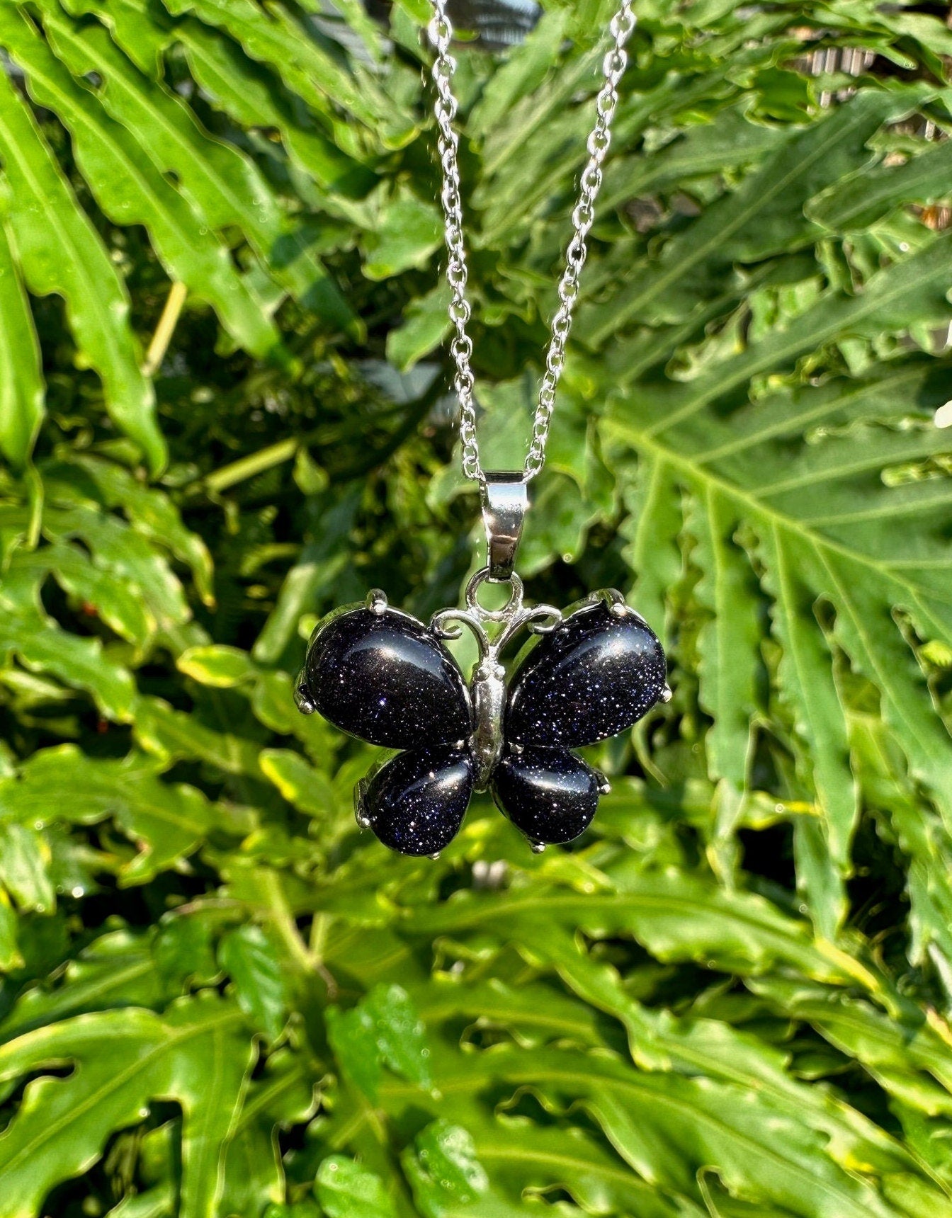 Blue Goldstone Butterfly Pendant Necklace