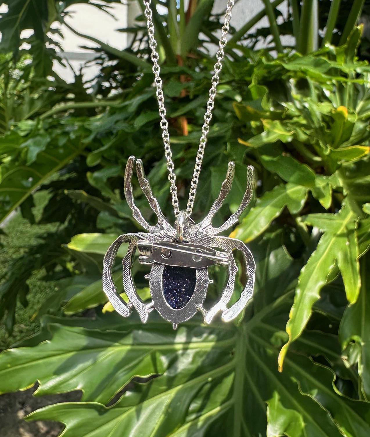 Blue Goldstone Spider Brooch Necklace
