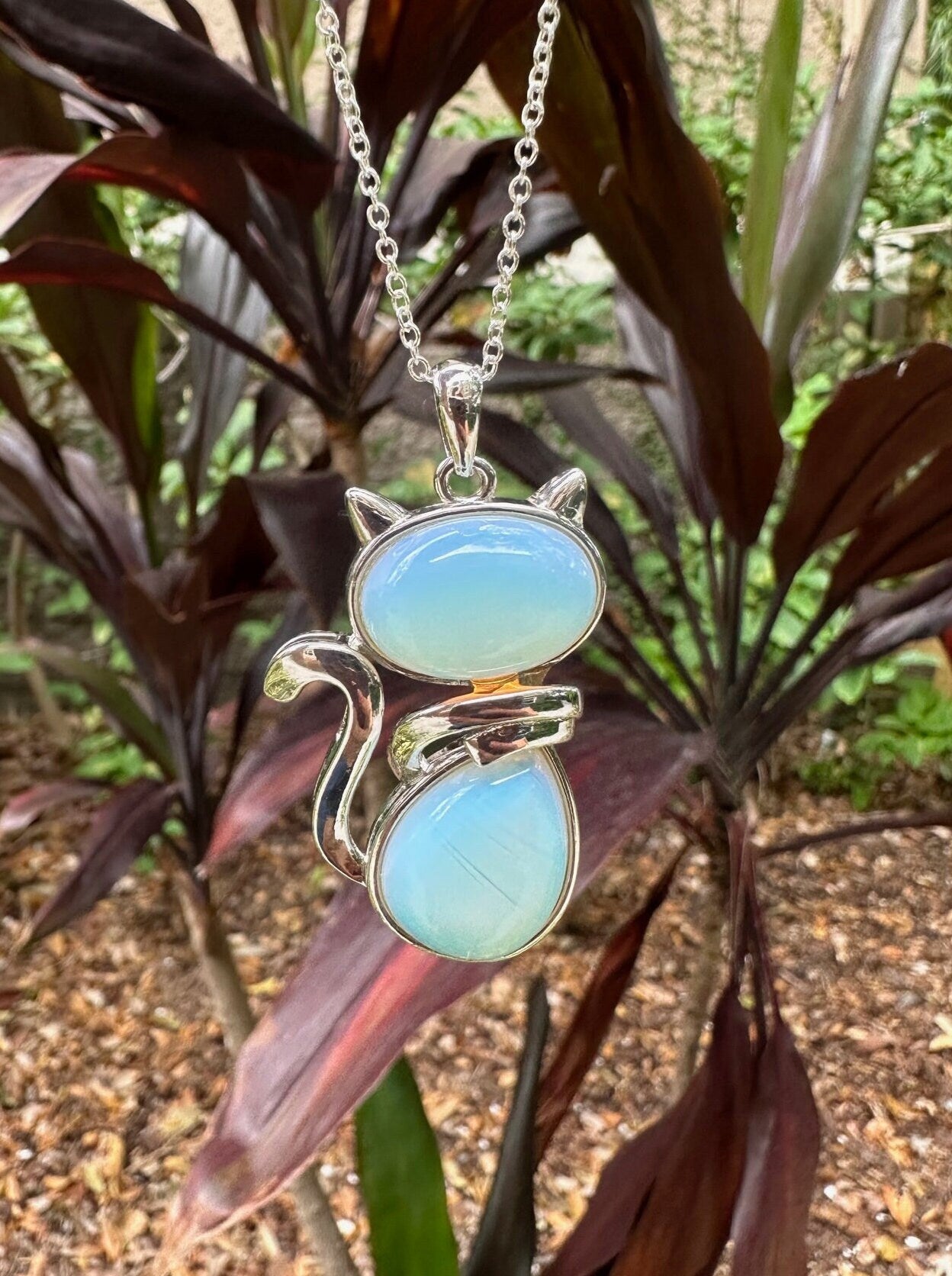 Large Opalite Cat Pendant Necklace
