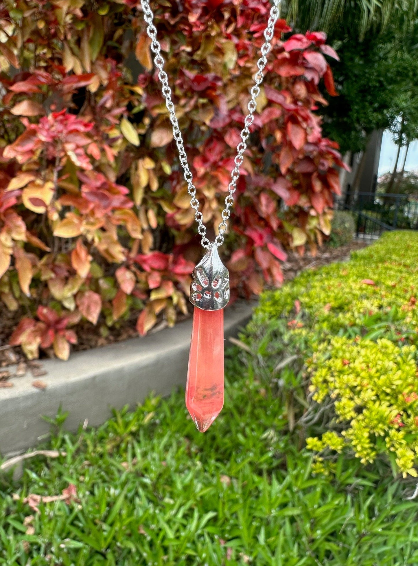 Cherry Quartz Thin Hexagon Pendant Necklace