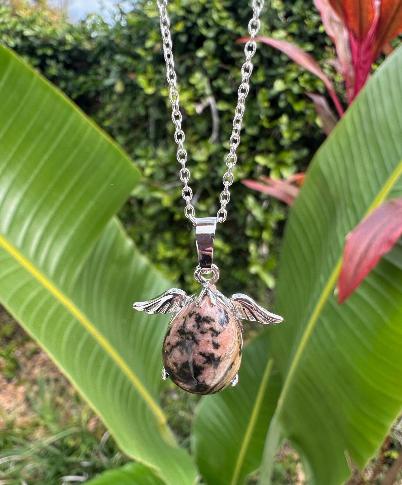 Rhodonite Angelic Egg Pendant Necklace
