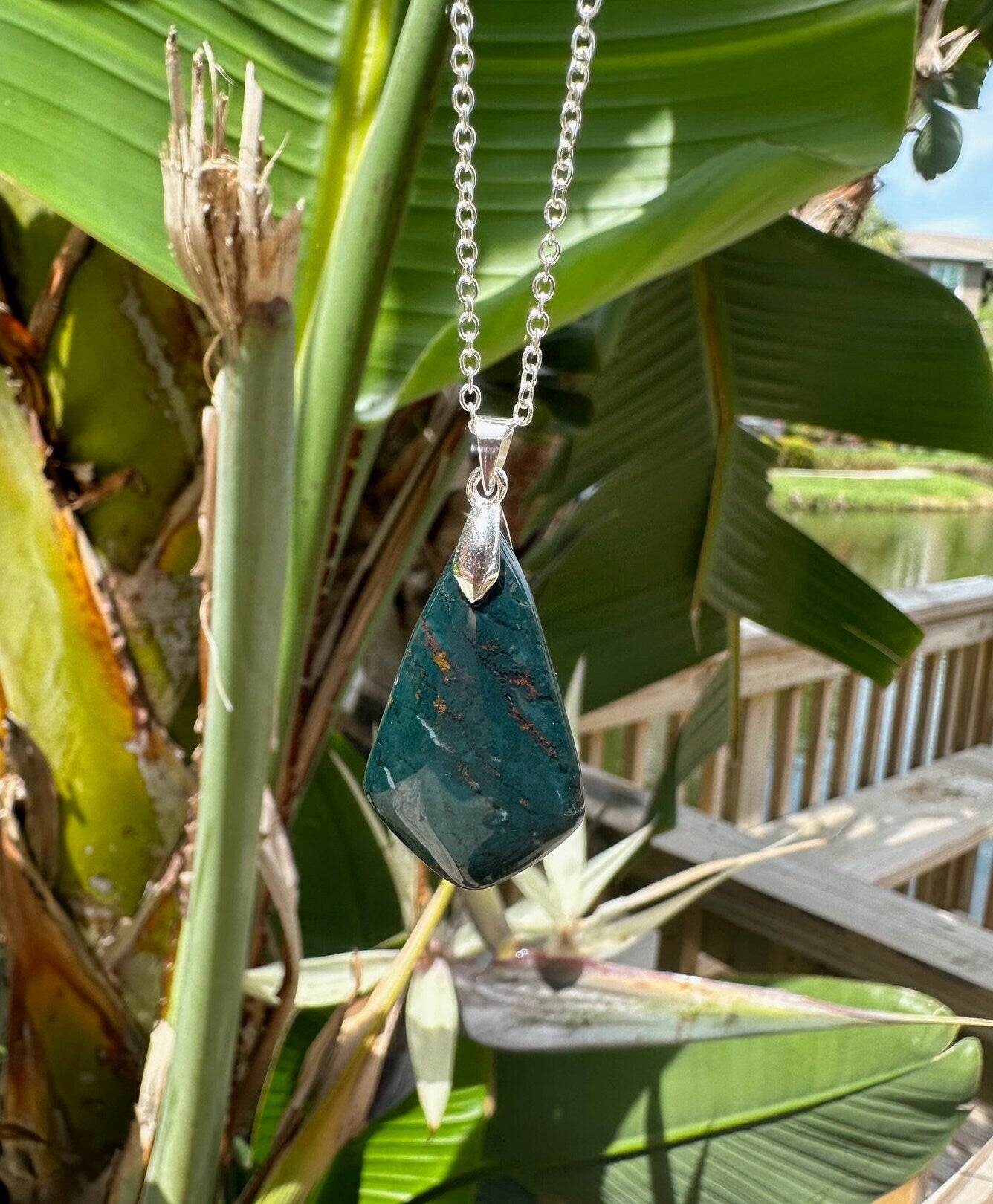 Indian Bloodstone Shield Pendant Necklace
