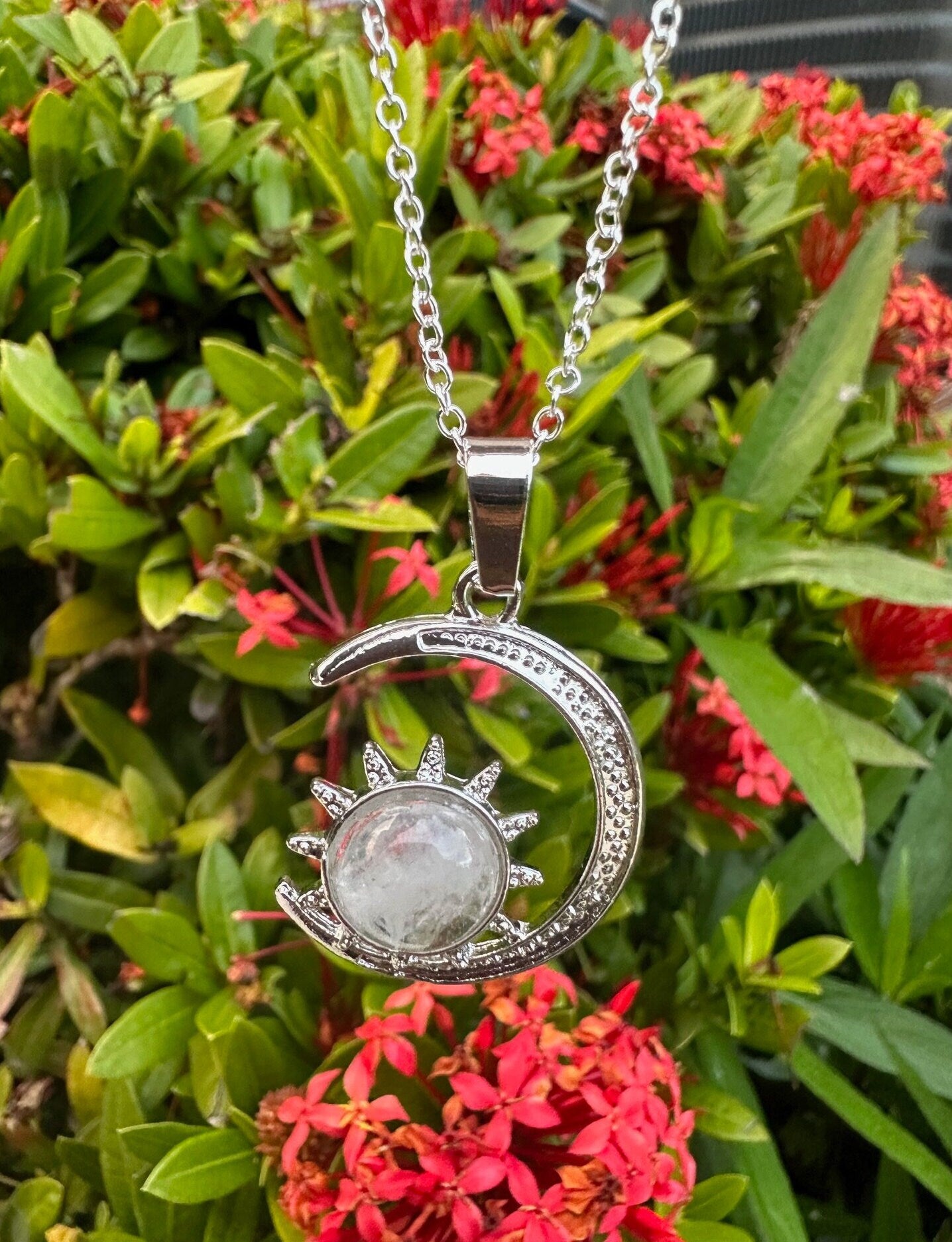 Clear Quartz Crescent Sun Pendant Necklace