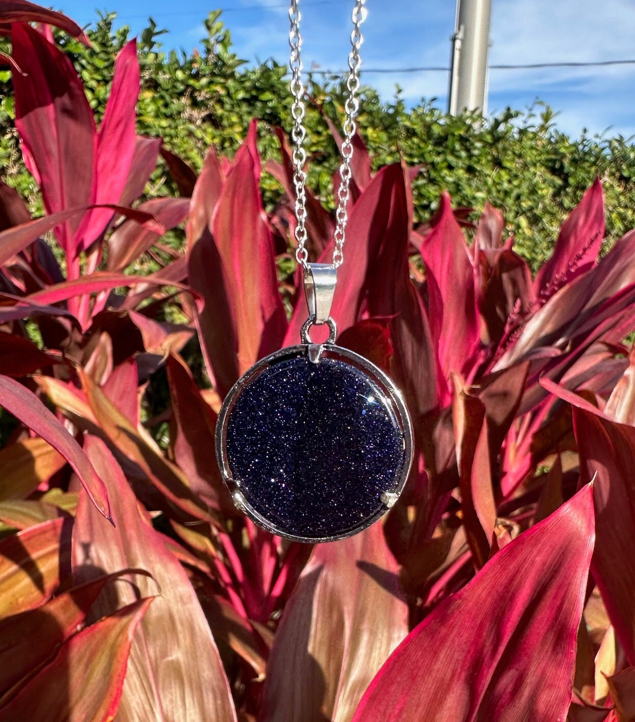 Blue Goldstone Dragon Face Pendant Necklace